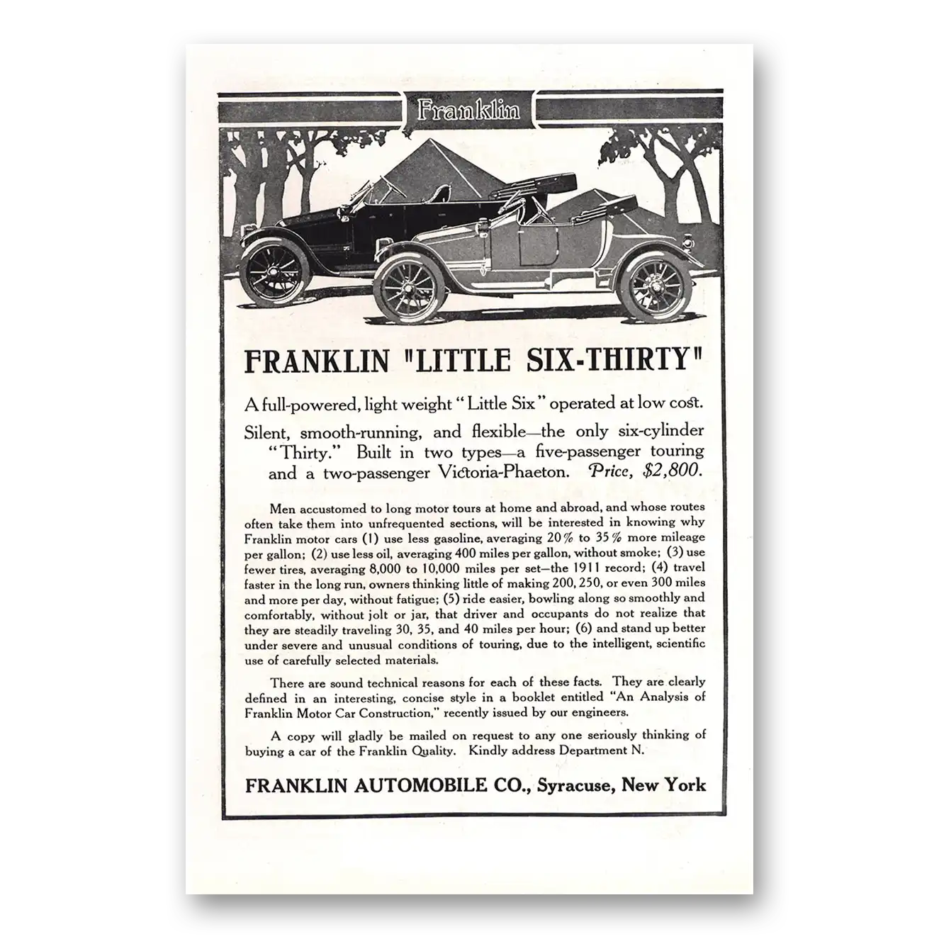 1912 Franklin Automobile Little Six Thirty Full Powered Light Weight Vintage Magazine Print Ad