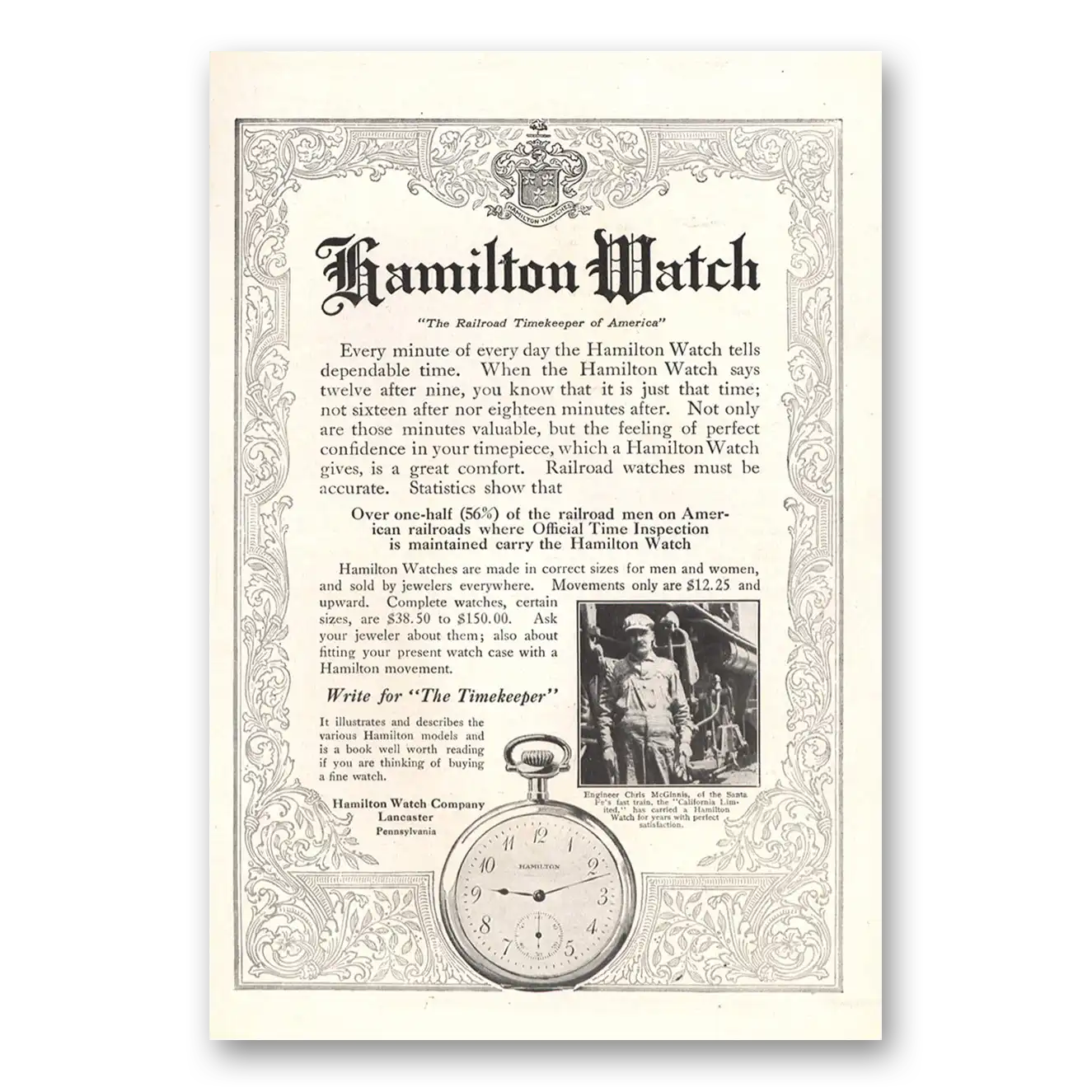 1913 Hamilton Watch Every Minute of Every Day Vintage Magazine Print Ad