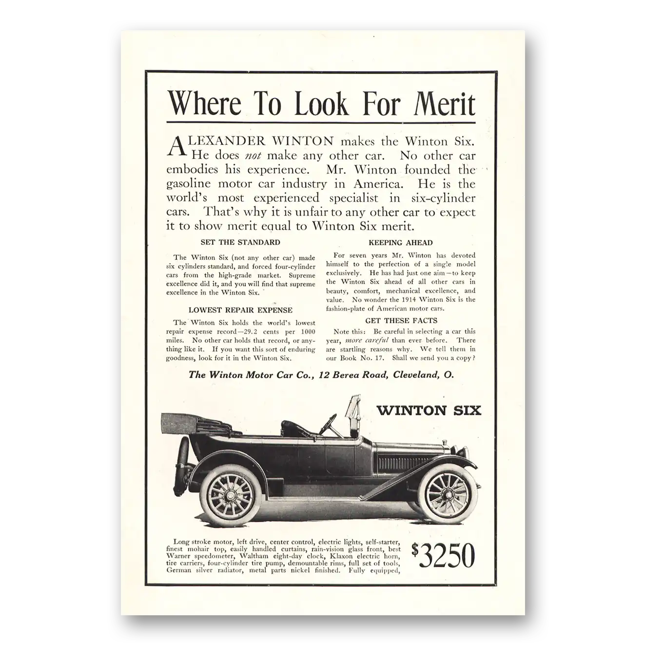 1913 Winston Six Where To Look for Merit Vintage Magazine Print Ad