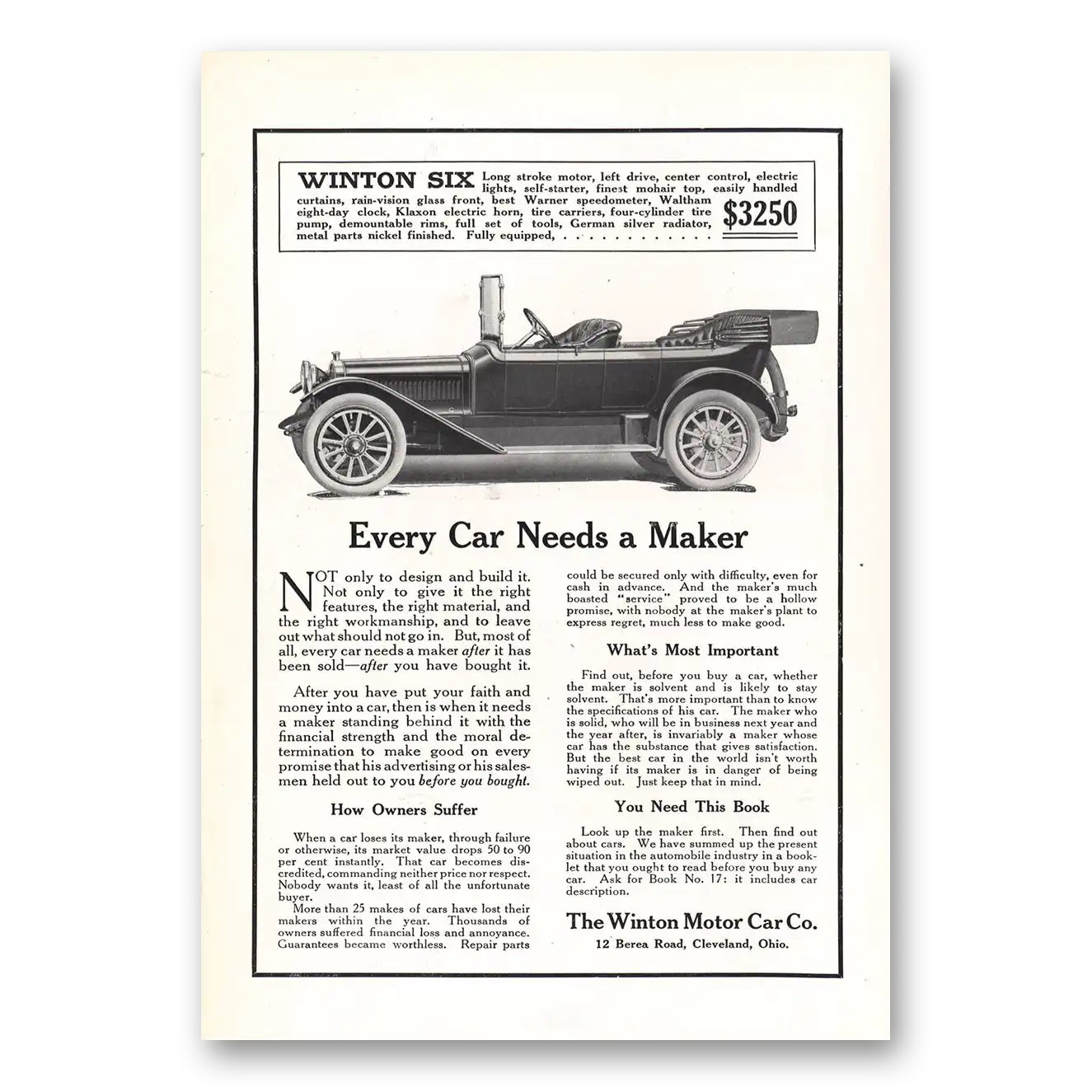1913 Winston Six Every Car Needs a Maker Vintage Magazine Print Ad