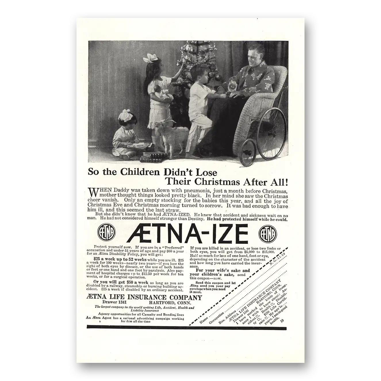 1916 Aetna Insurance Children Didn’t Lose Their Christmas Vintage Magazine Print Ad