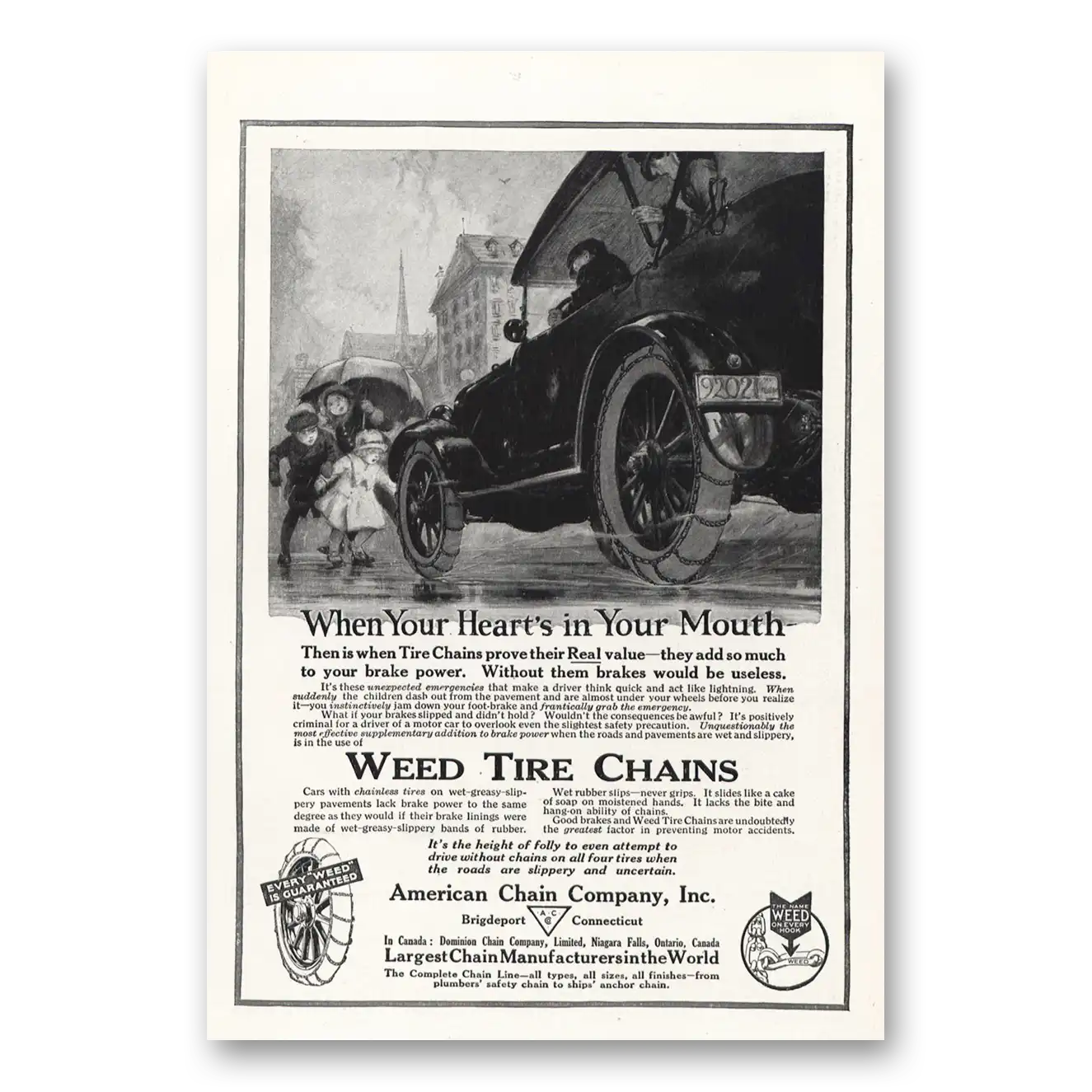 1918 American Chain Company Weed Tire Chains Hearts In Your Mouth Vintage Magazine Print Ad