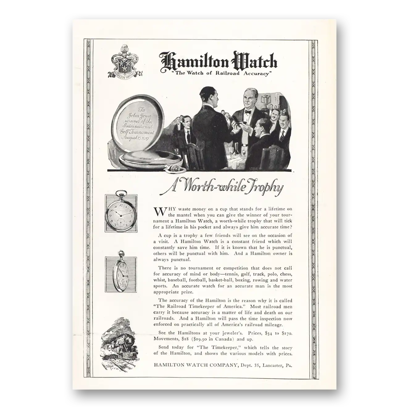 1919 Hamilton Watch Worth While Trophy Vintage Magazine Print Ad