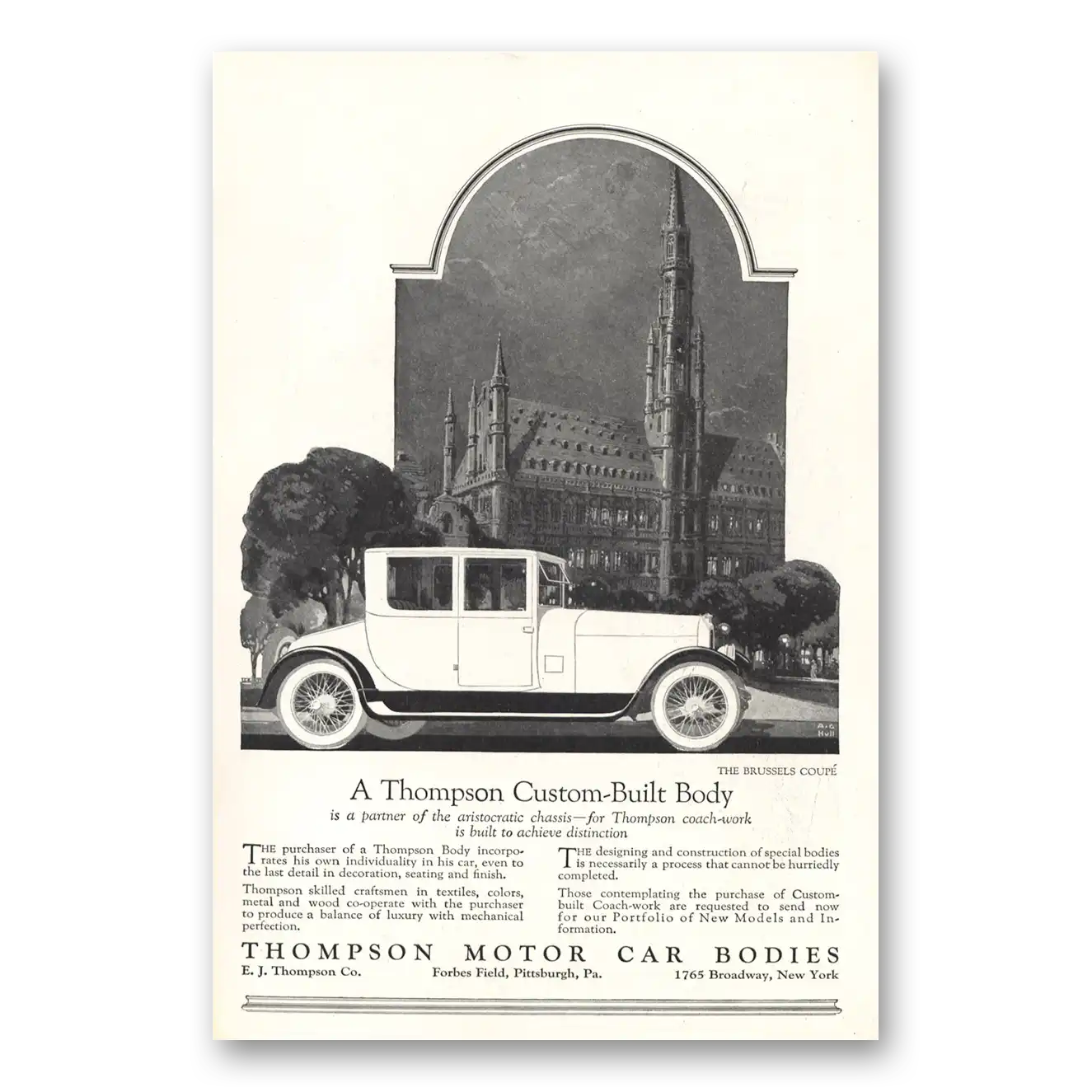 1919 Thompson Motor Car Bodies Coach Work Brussels Coupe Vintage Magazine Print Ad