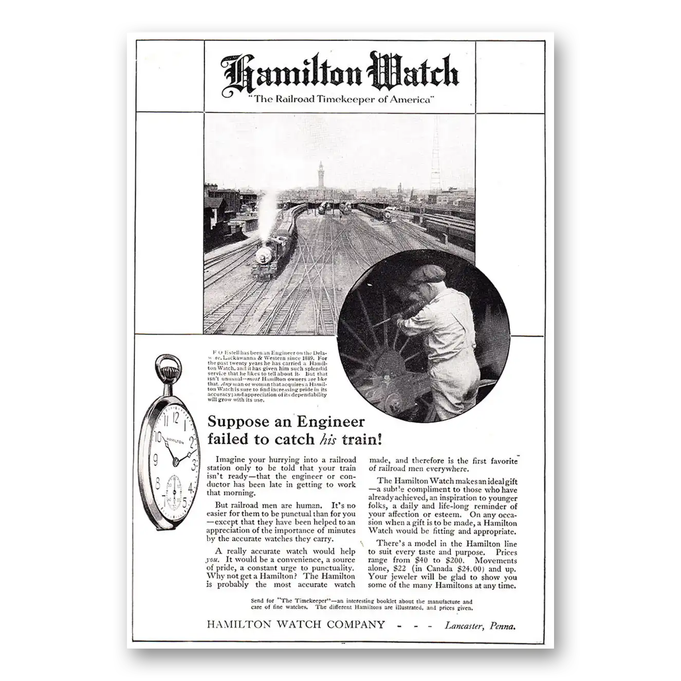 1920 Hamilton Watch Suppose An Engineer Failed to Catch His Train Vintage Magazine Print Ad