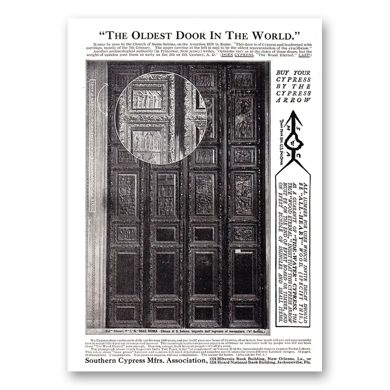 1920 Southern Cypress Oldest Door in the World Vintage Magazine Print Ad