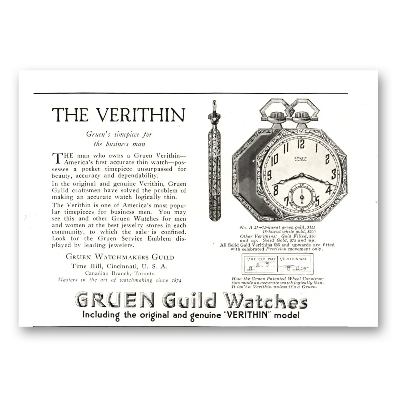 1922 Gruen Veri Thin Watch Timepiece for Business Man Vintage Magazine Print Ad