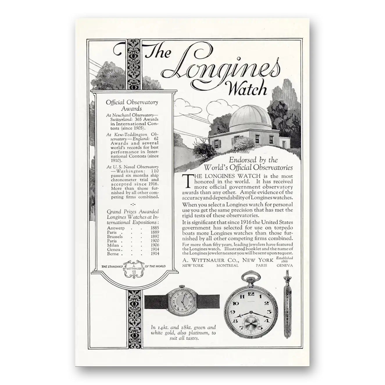 1922 Longines Wittnauer Observatory Awards Vintage Magazine Print Ad