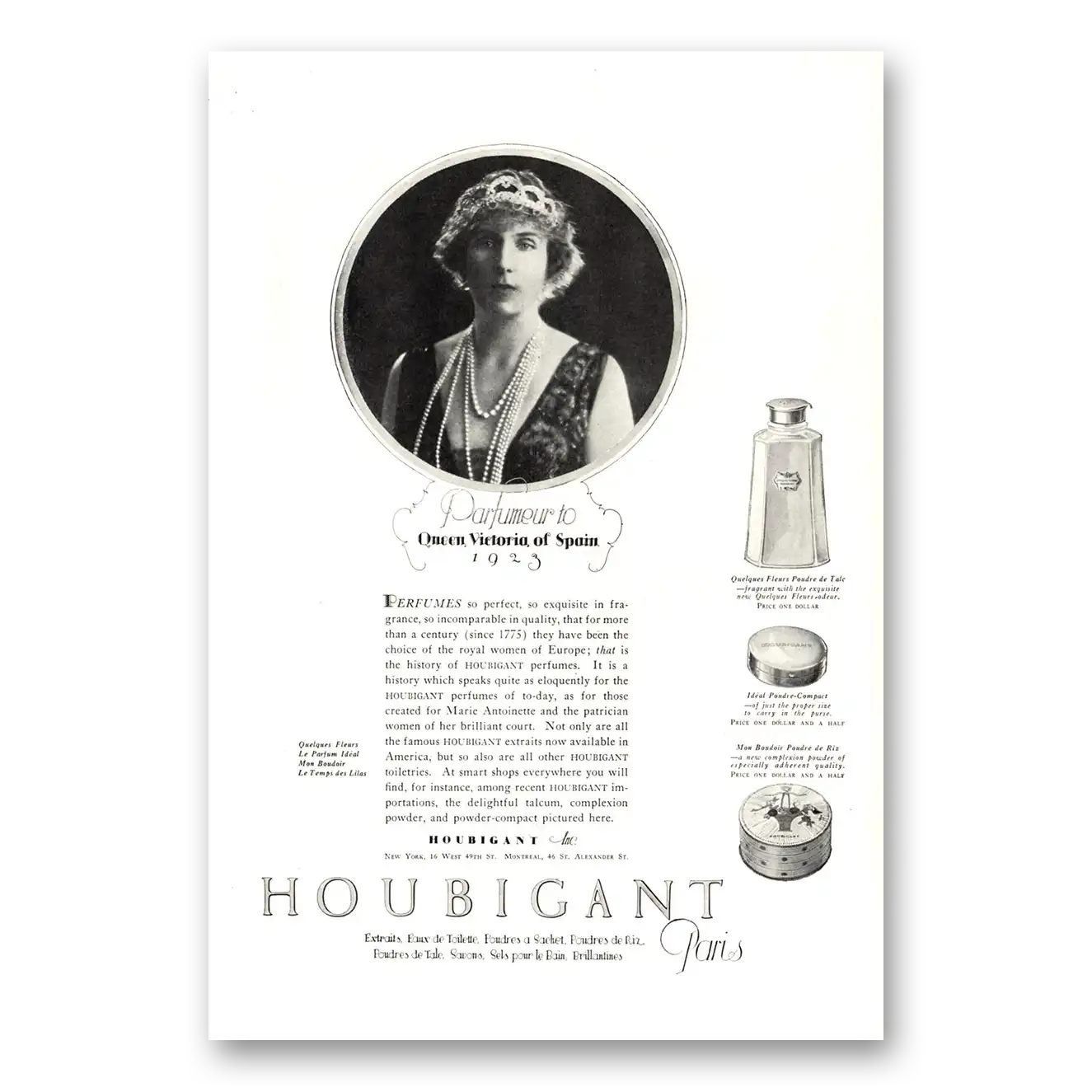 1923 Houbigant Perfumes Queen Victoria of Spain Vintage Magazine Print Ad
