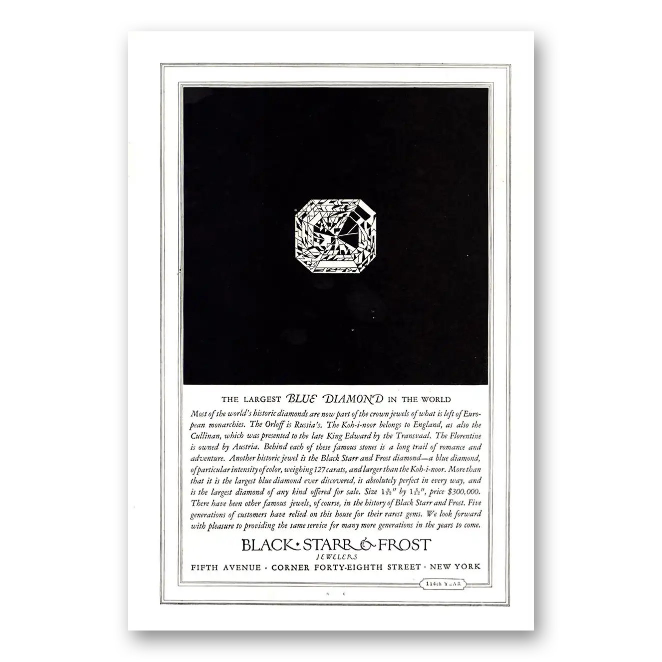 1924 Black Starr Frost Largest Blue Diamond Vintage Magazine Print Ad