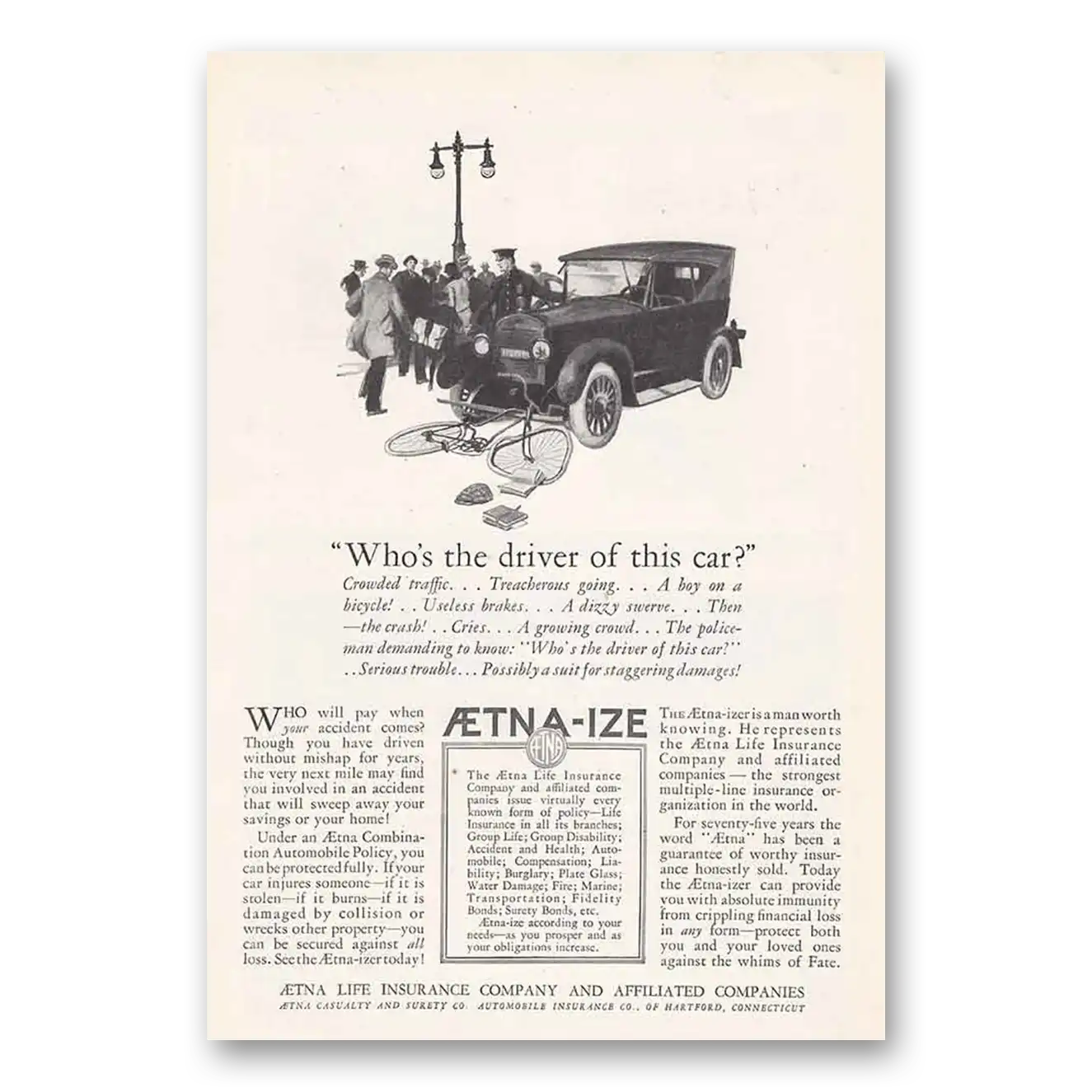 1925 Aetna Insurance Who's the Driver of This Car Vintage Magazine Print Ad
