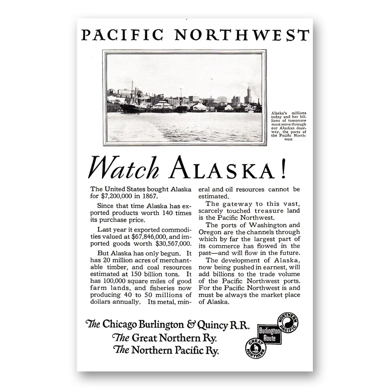 1925 Burlington Route Alaska Vintage Magazine Print Ad