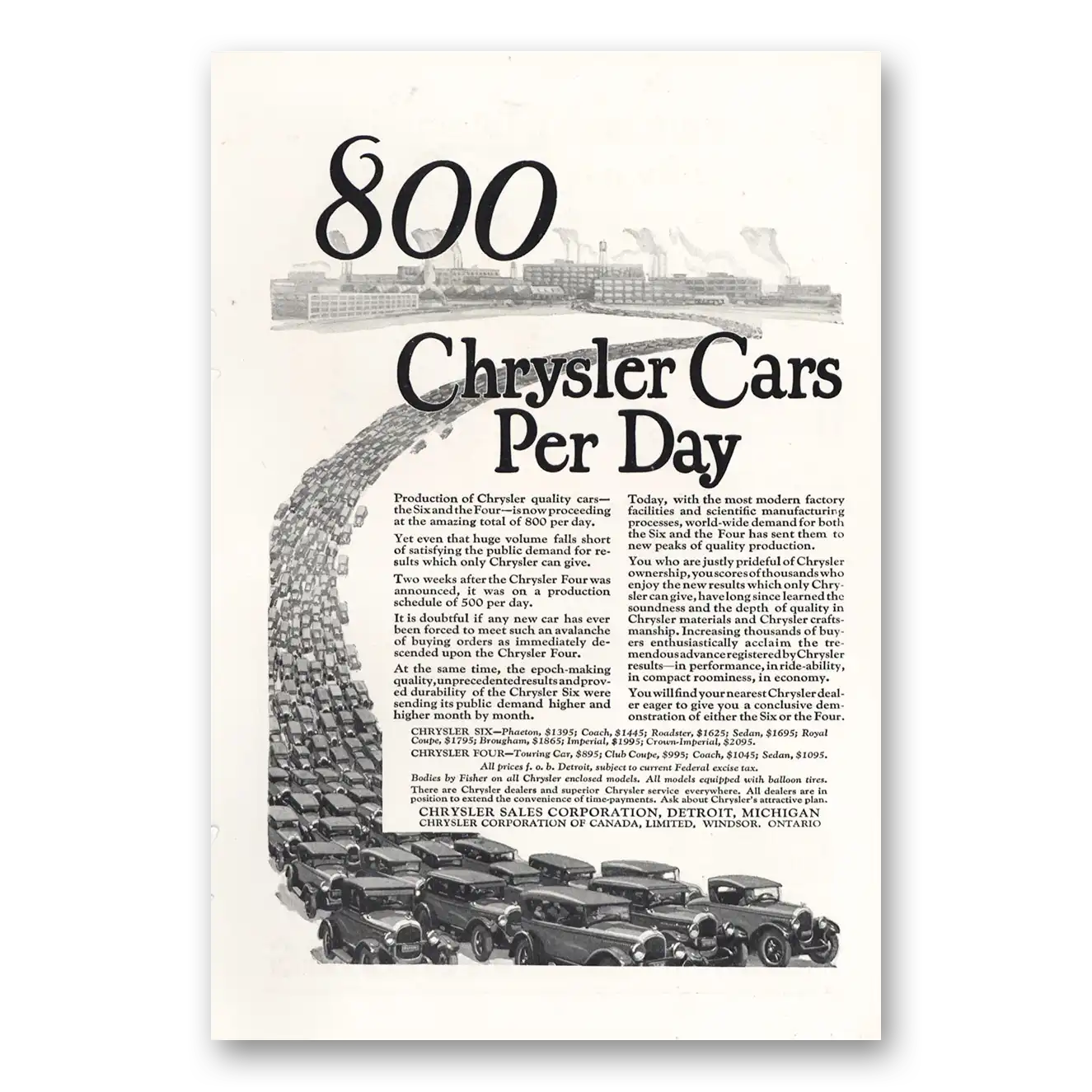 1925 Chrysler 800 Chrysler Cars Per Day Vintage Magazine Print Ad