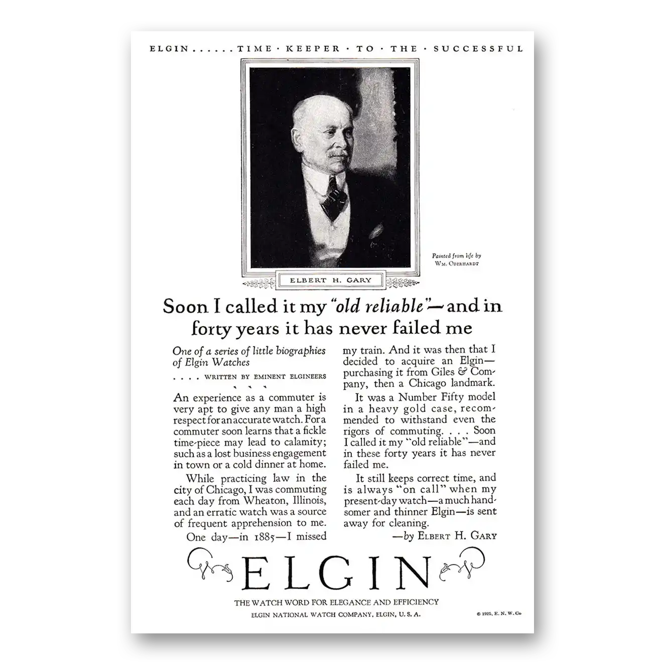 1925 Elgin Watch Company Elbert Gary Old Reliable Vintage Magazine Print Ad