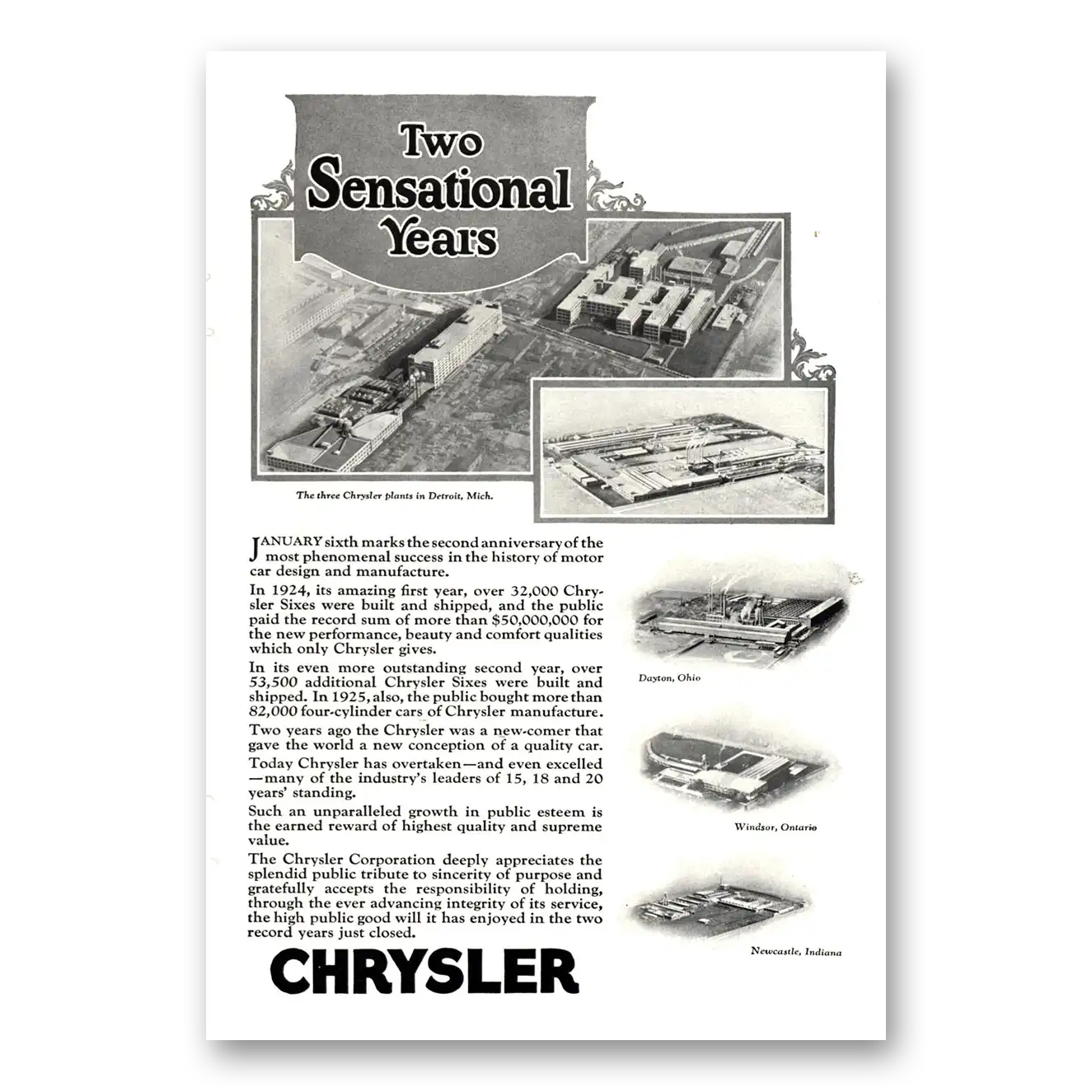 1926 Chrysler Two Sensational Years Detroit Vintage Magazine Print Ad