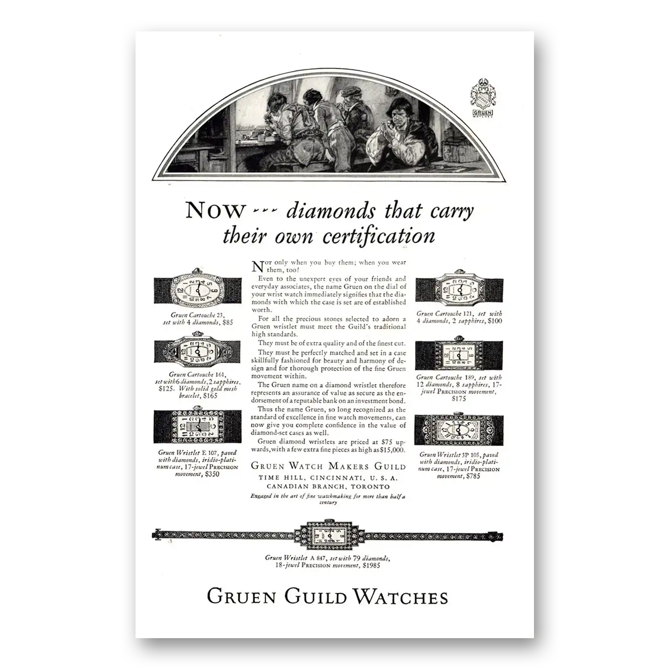 1926 Gruen Watch Diamonds That Carry Their Own Certification Vintage Magazine Print Ad
