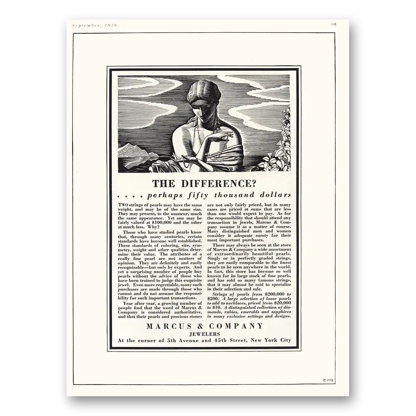 1926 Marcus & Company Jewelers Difference Fifty Thousand Dollars Vintage Magazine Print Ad