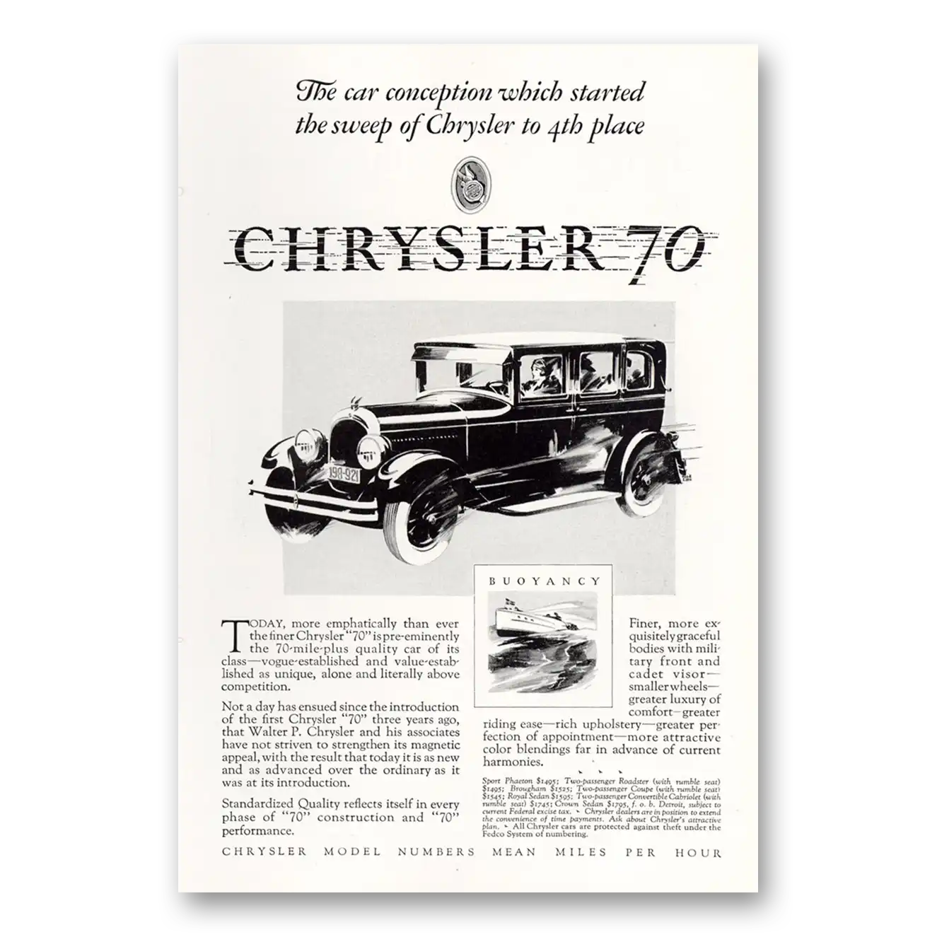 1927 Chrysler 70 Car Conception Which Started the Sweep Vintage Magazine Print Ad