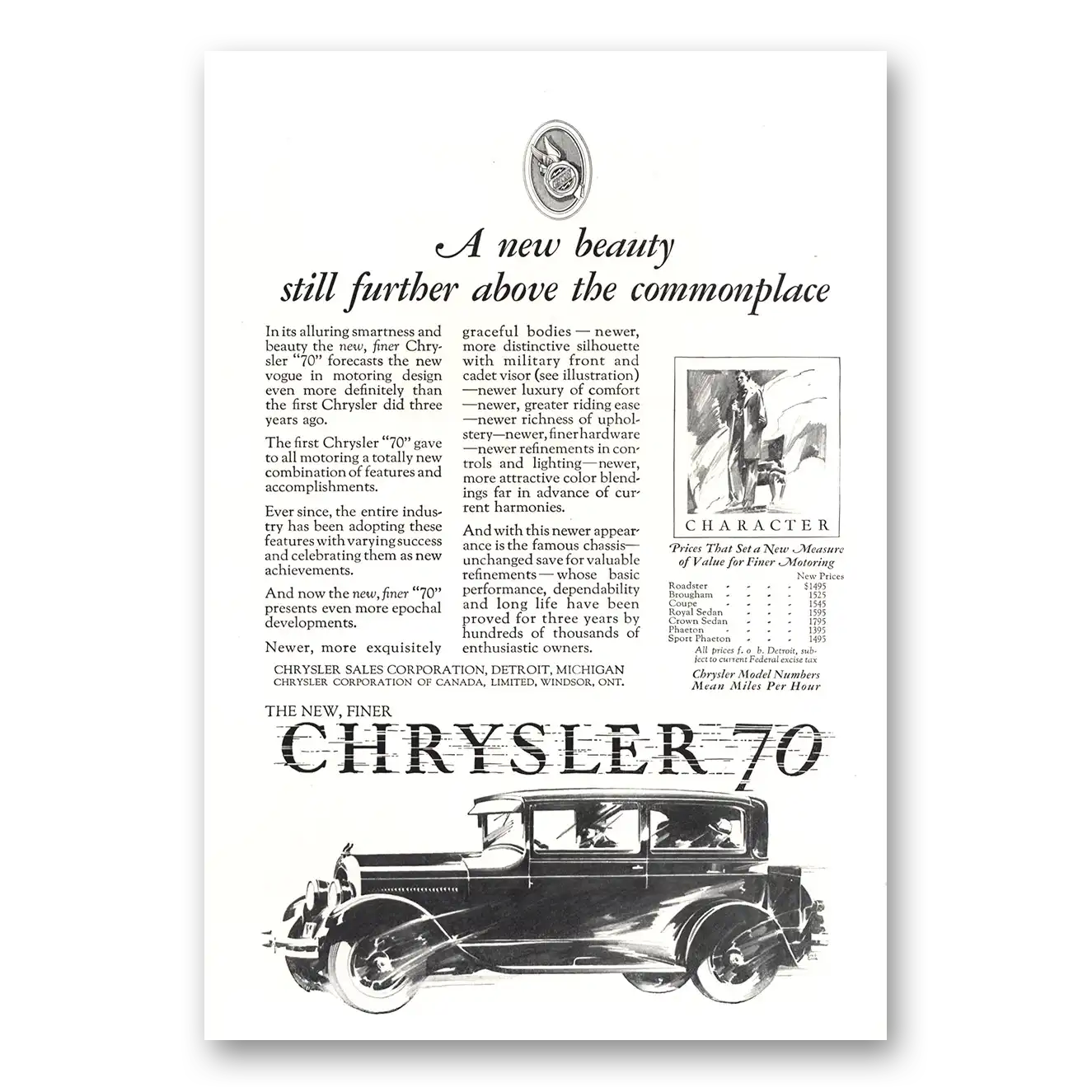 1927 Chrysler 70 New Beauty Above Commonplace Vintage Magazine Print Ad