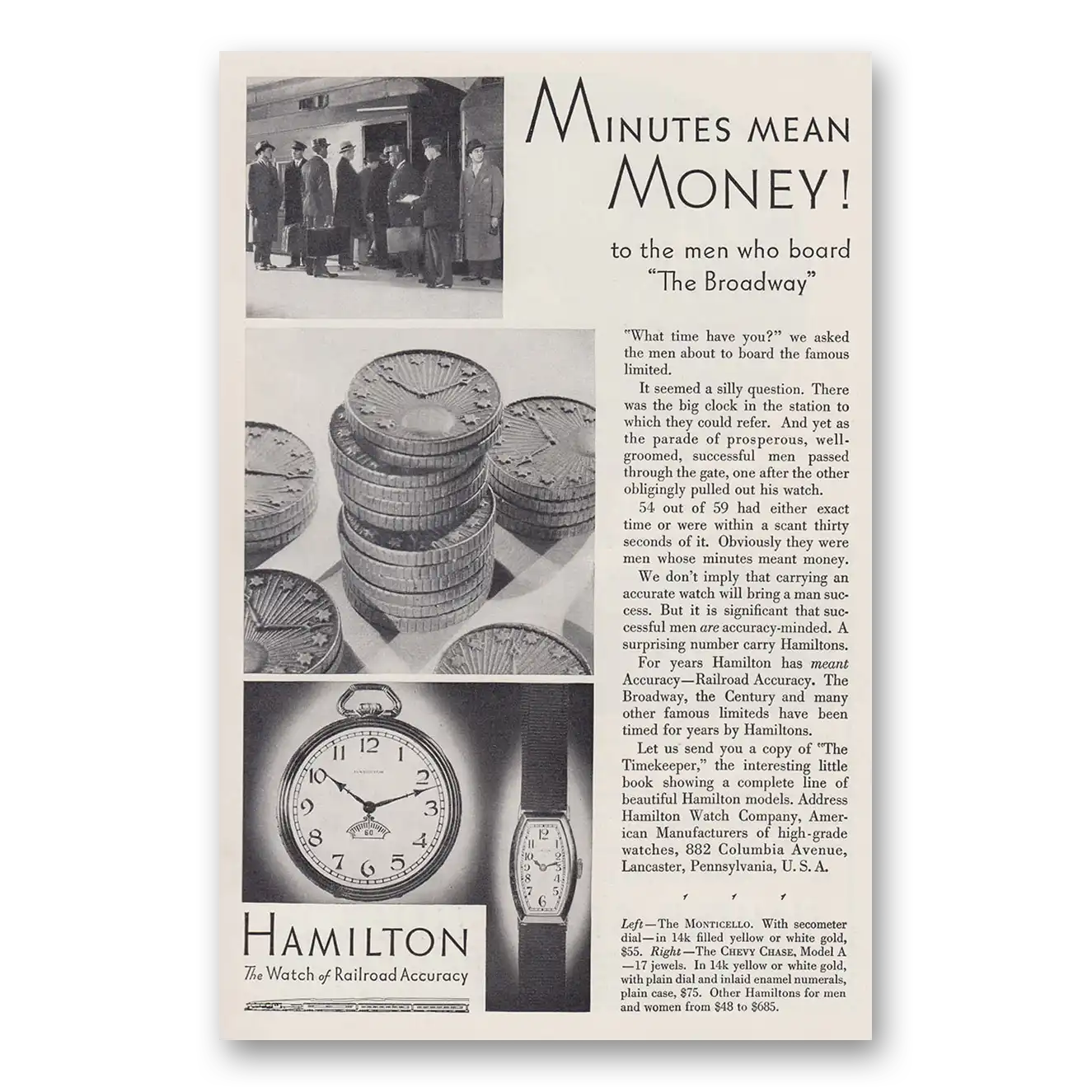 1930 Hamilton Watch Minutes Mean Money to the Men Who Board the Broadway Vintage Magazine Print Ad