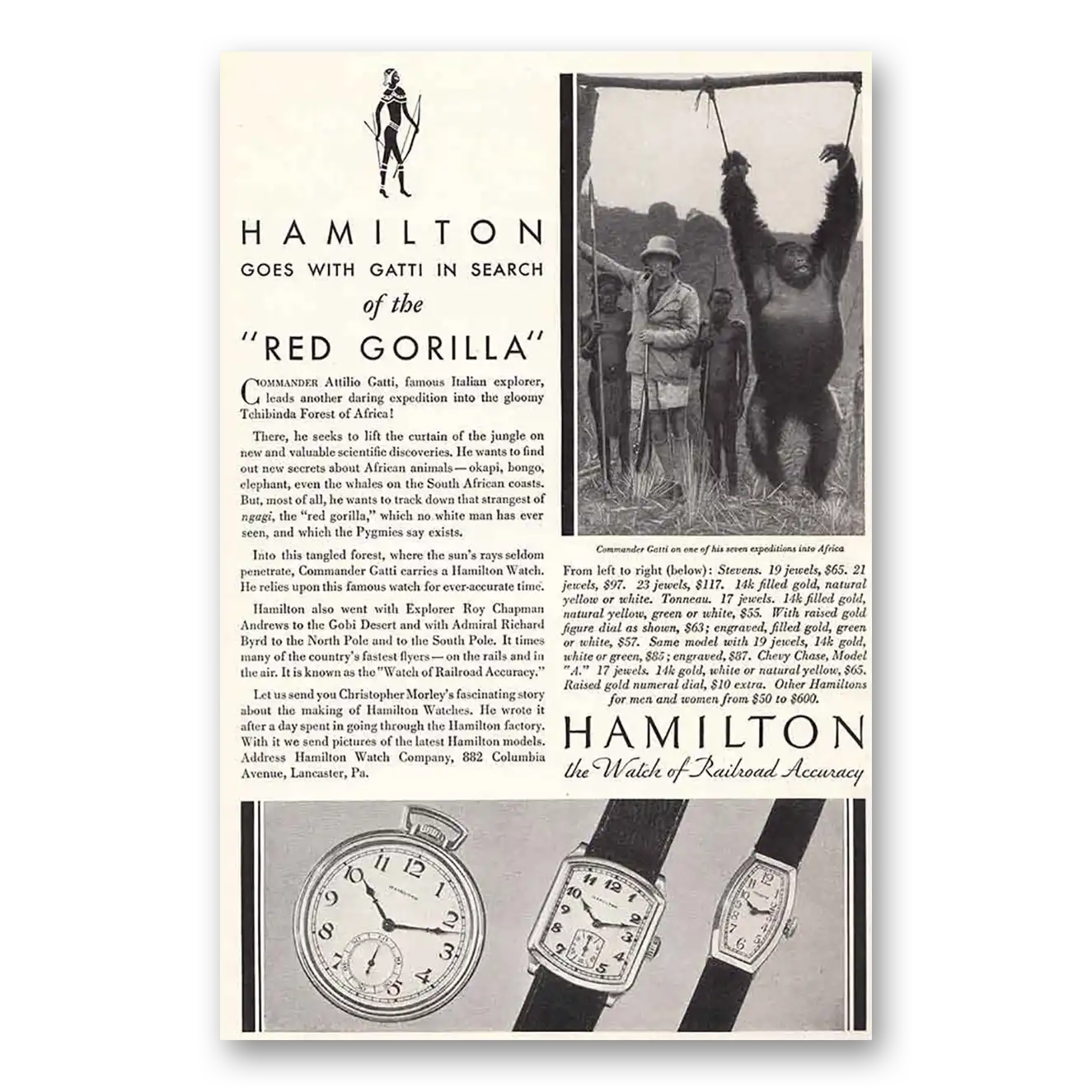 1932 Hamilton Watch Goes With Gatti Red Gorilla Vintage Magazine Print Ad