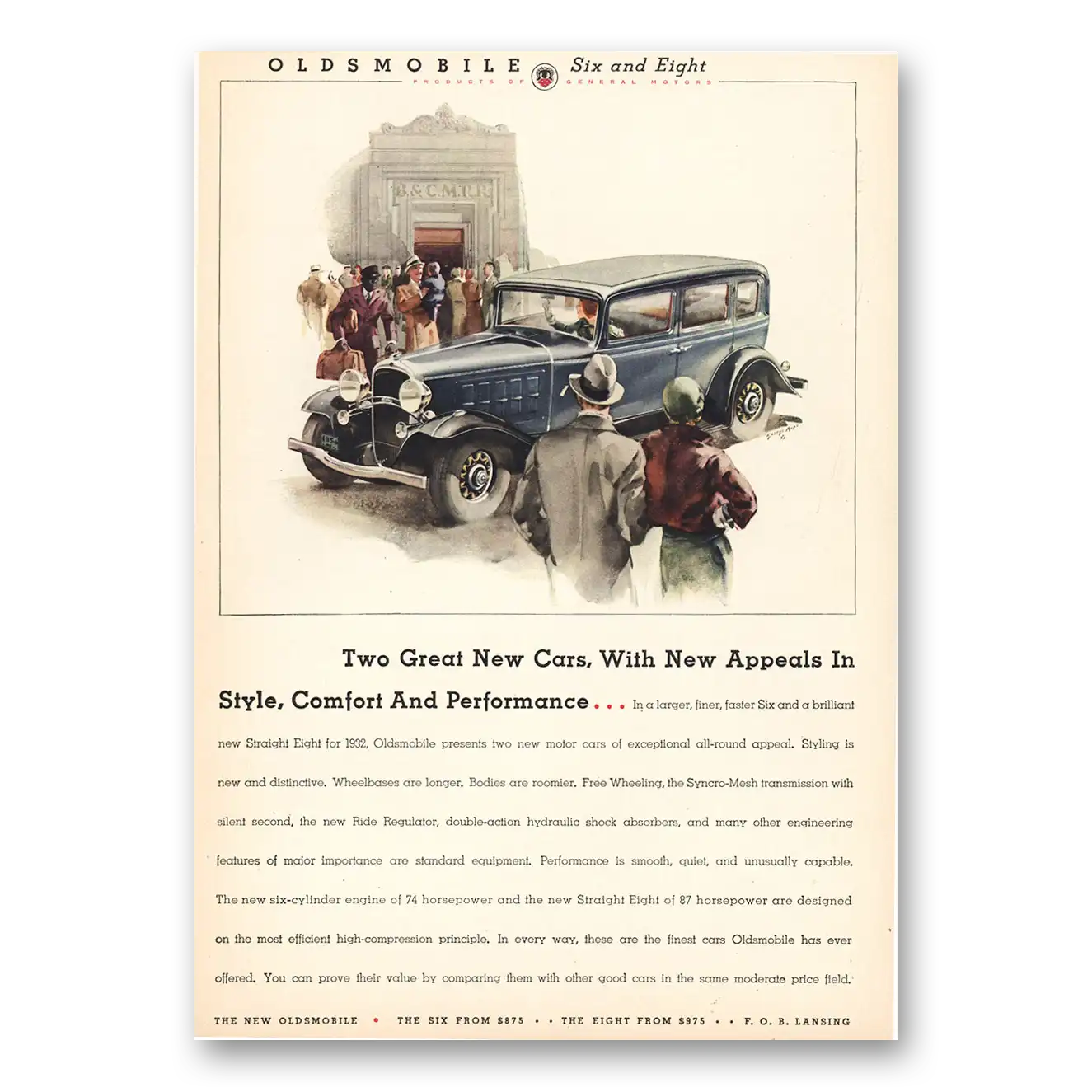 1932 Oldsmobile Six and Eight Two Great New Cars Appeals Style Comfort Vintage Magazine Print Ad