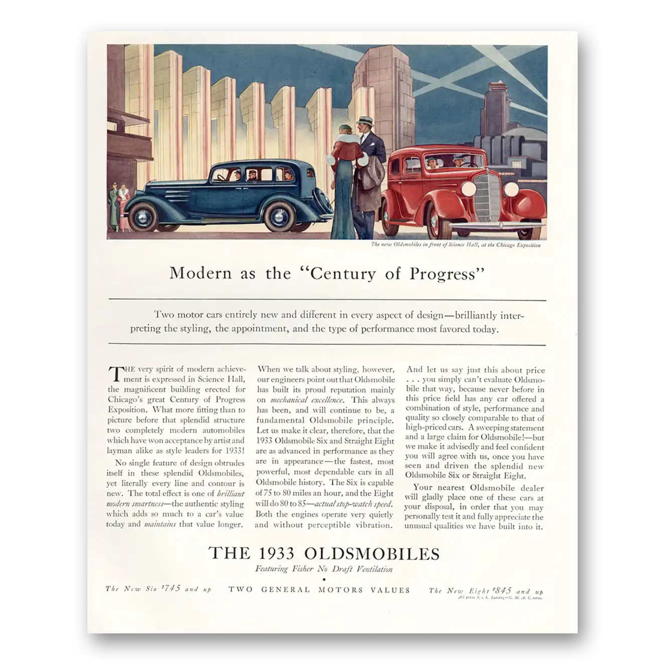 1933 Oldsmobile Six and Eight Modern as the Century of Progress Vintage Magazine Print Ad