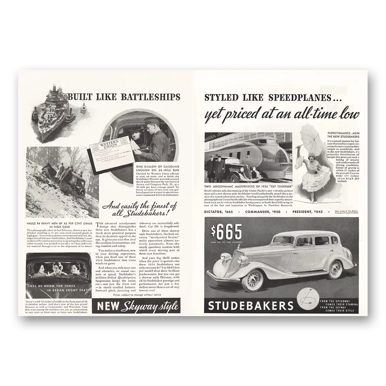 1934 Studebaker Built Like Battleships Vintage Magazine Print Ad