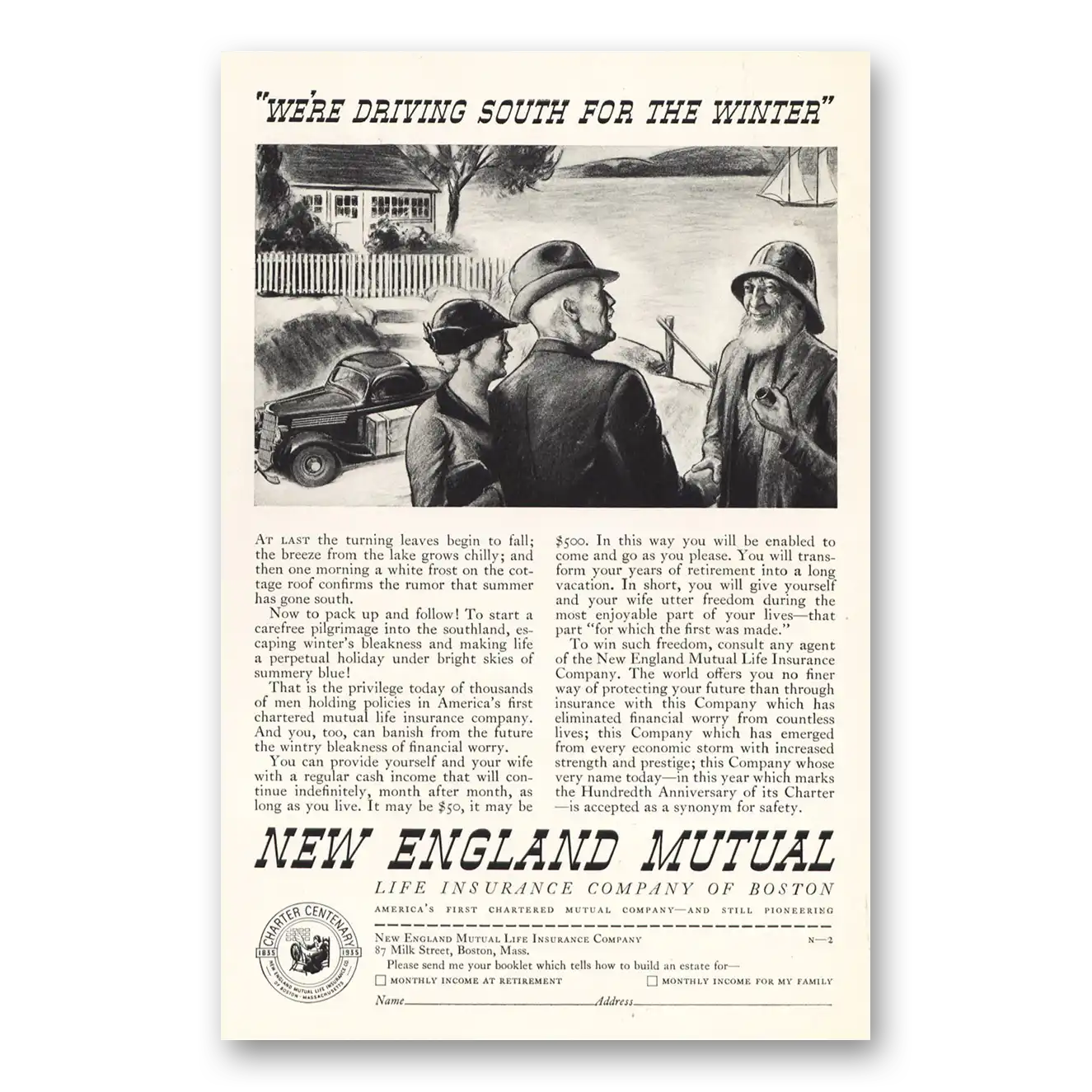 1935 New England Mutual Life Insurance We're Driving South for the Winter Vintage Magazine Print Ad