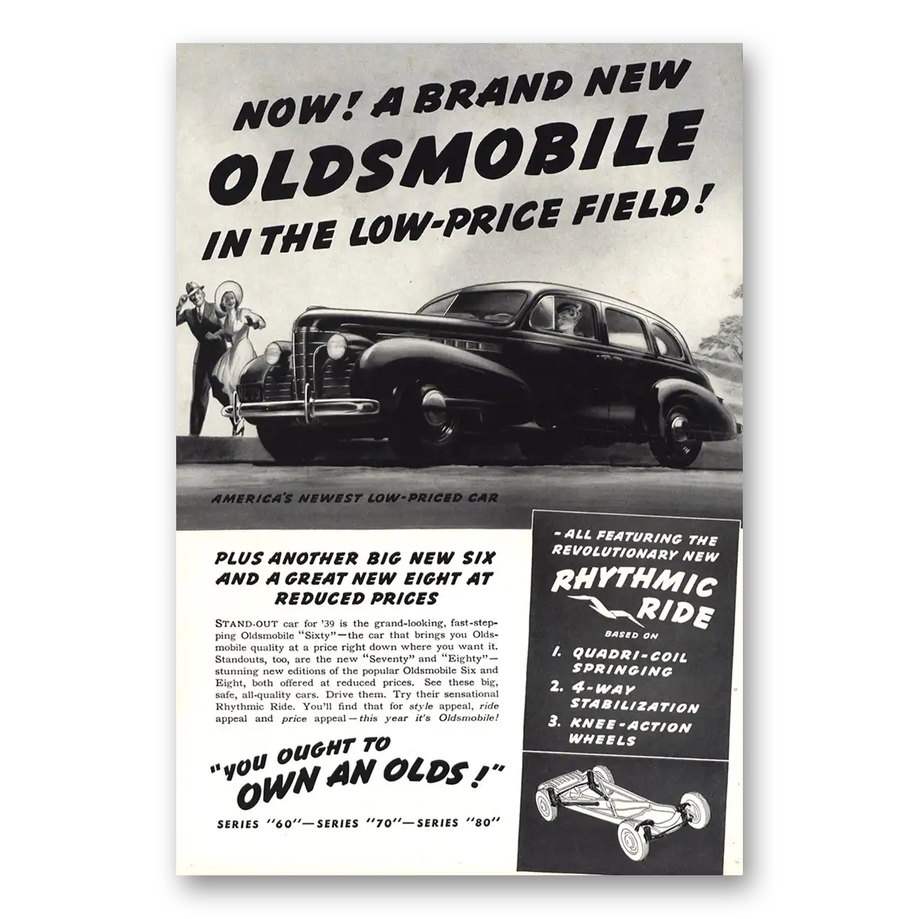 1938 Oldsmobile Sixty Low Price Field Rhythmic Ride Vintage Magazine Print Ad