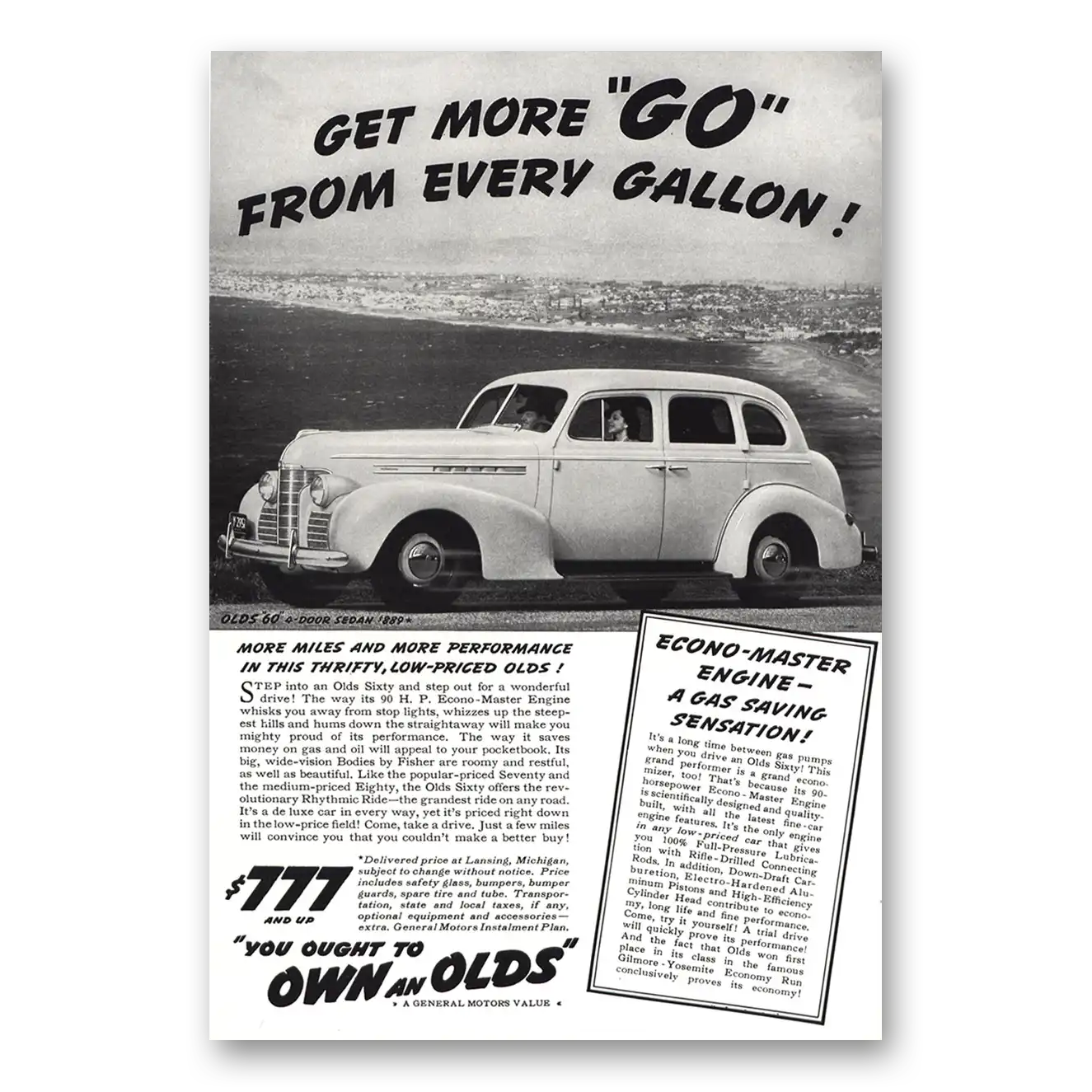 1939 Oldsmobile Sixty Get More Go From Every Gallon Vintage Magazine Print Ad