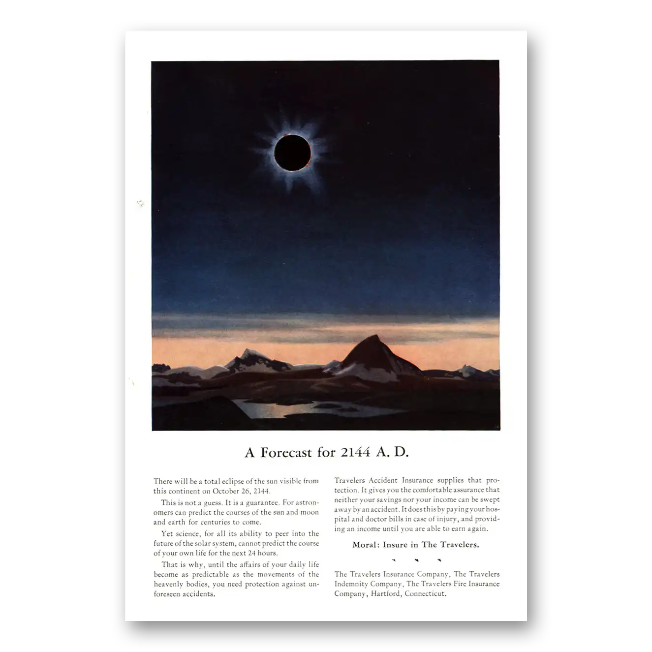 1938 Travelers Insurance Forecast for 2144 AD Vintage Magazine Print Ad