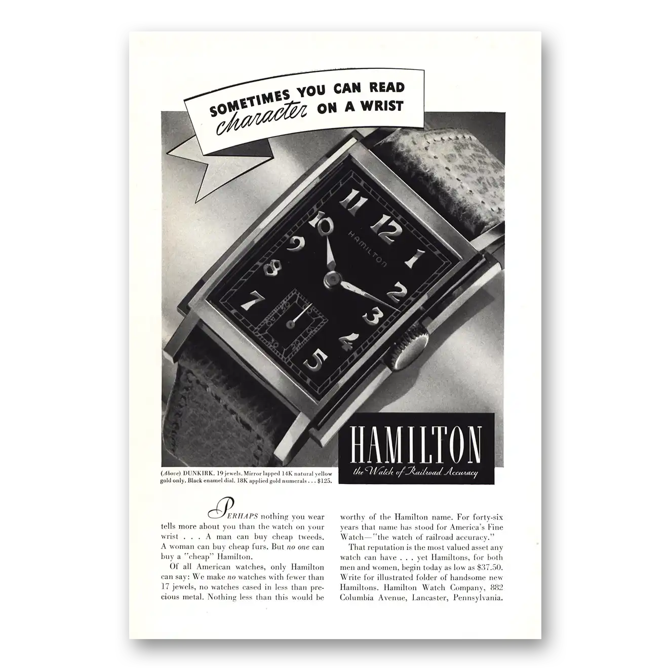 1939 Hamilton Watch You Can Read Character on a Wrist Vintage Magazine Print Ad