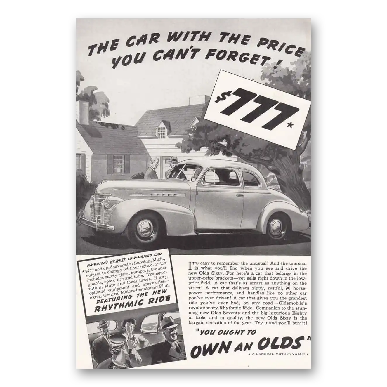 1939 Oldsmobile Sixty Car with The Price Vintage Magazine Print Ad