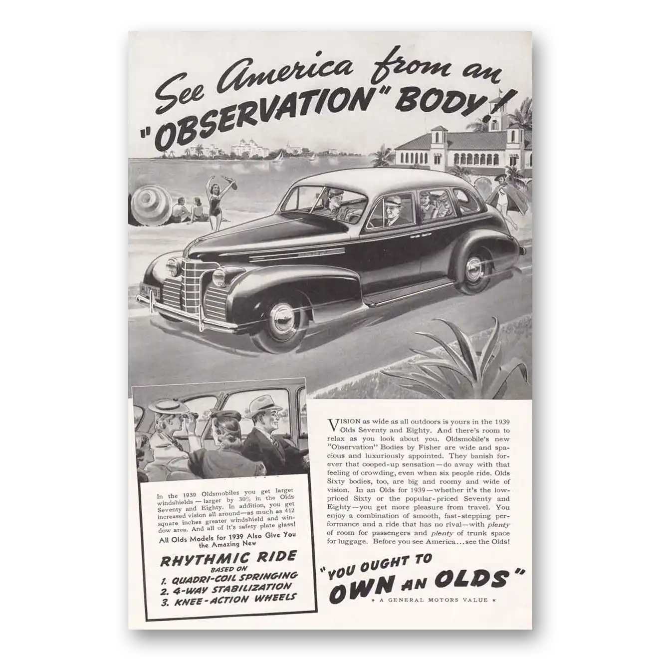 1939 Oldsmobile Seventy and Eighty Observation Body Rhythmic Ride Vintage Magazine Print Ad