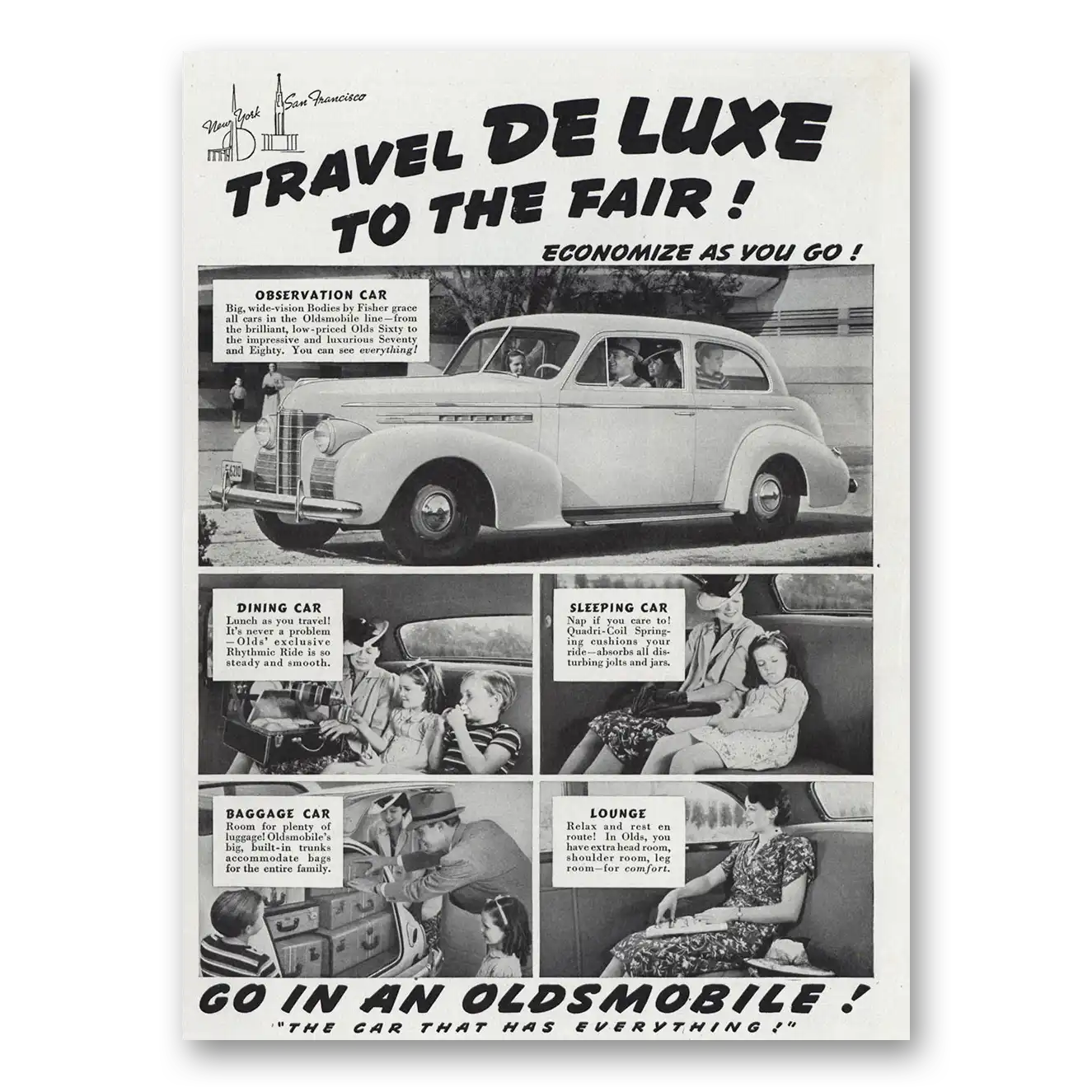 1939 Oldsmobile Sixty Travel DeLuxe to the Fair Vintage Magazine Print Ad