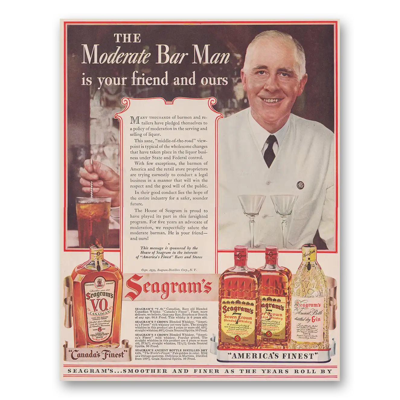 1939 Seagrams VO Whisky Moderate Bar Man Is Your Friend Vintage Magazine Print Ad