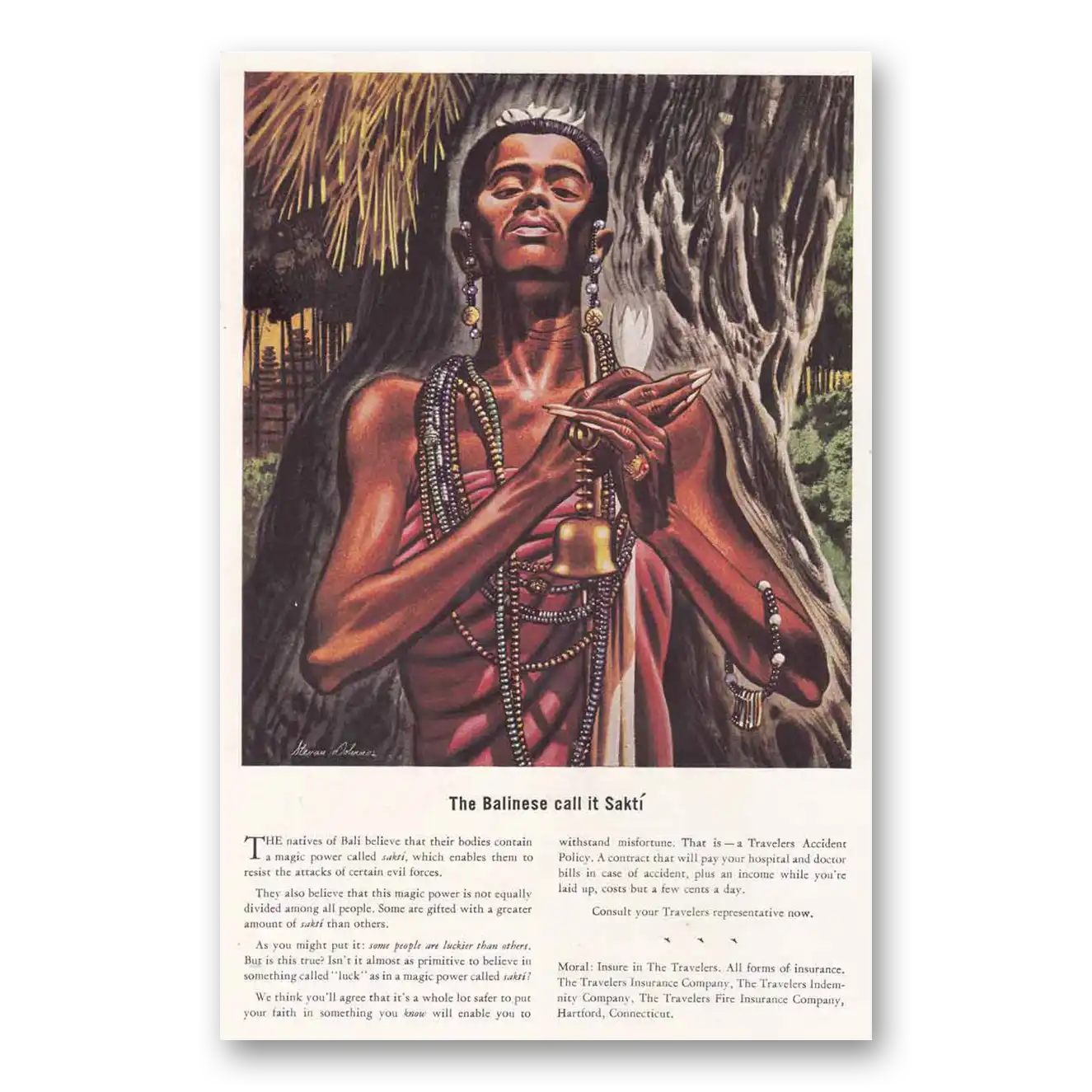 1939 Travelers Insurance Balinese Call it Sakti Vintage Magazine Print Ad