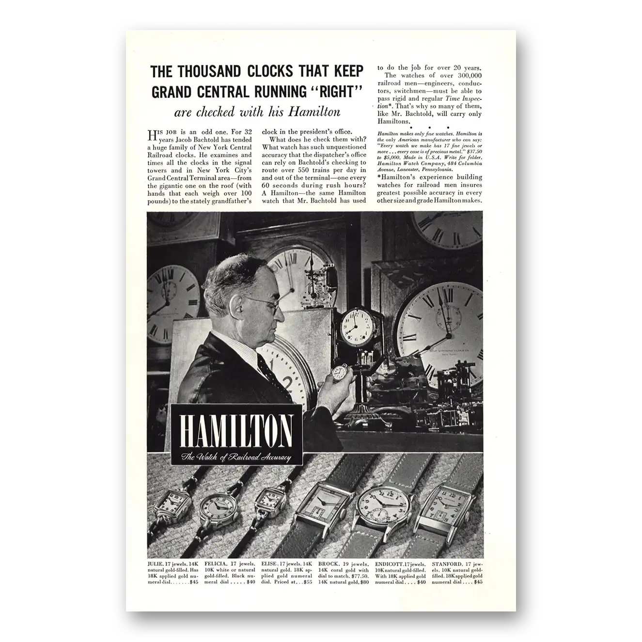 1940 Hamilton Watch Thousand Clocks Grand Central Vintage Magazine Print Ad