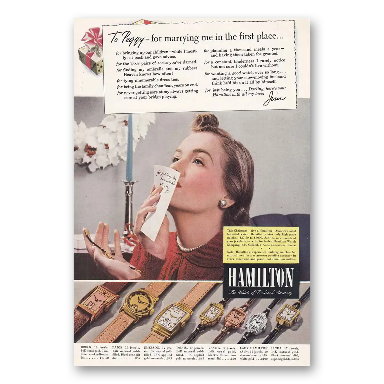 1940 Hamilton Watch To Peggy for Marrying Me Vintage Magazine Print Ad