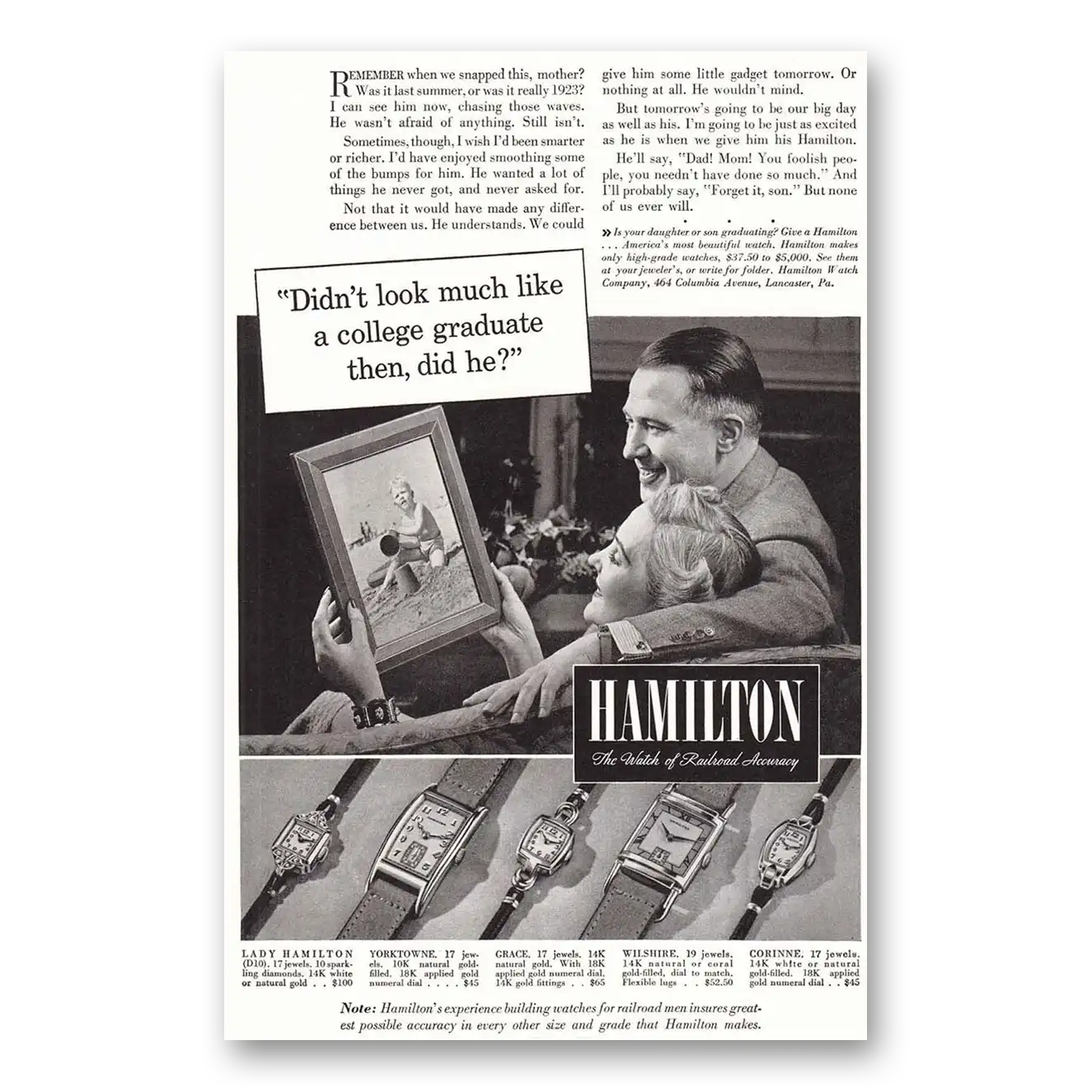 1940 Hamilton Watch College Graduate Vintage Magazine Print Ad