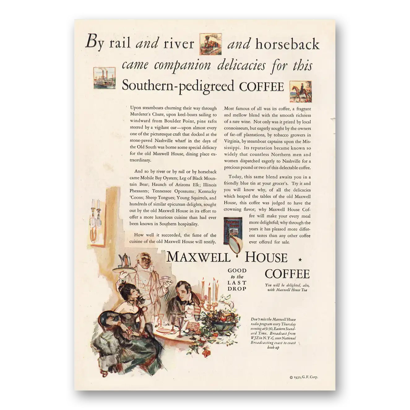 1930 Maxwell House Coffee By Rail and River and Horseback Vintage Magazine Print Ad