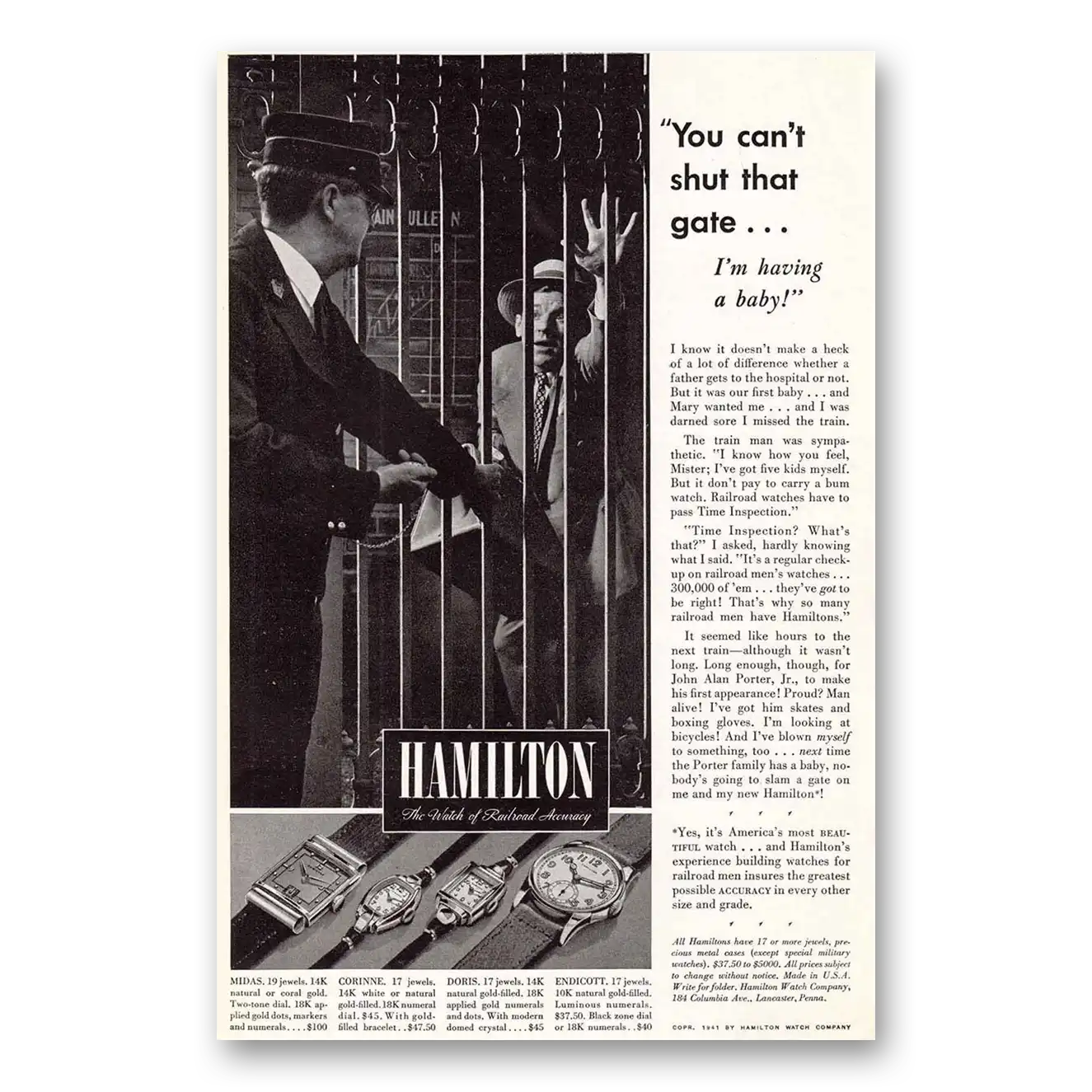 1941 Hamilton Watch You Can't Shut That Gate Vintage Magazine Print Ad