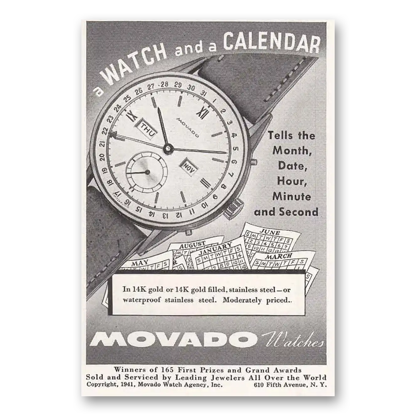 1941 Movado Watch Calendar Vintage Magazine Print Ad