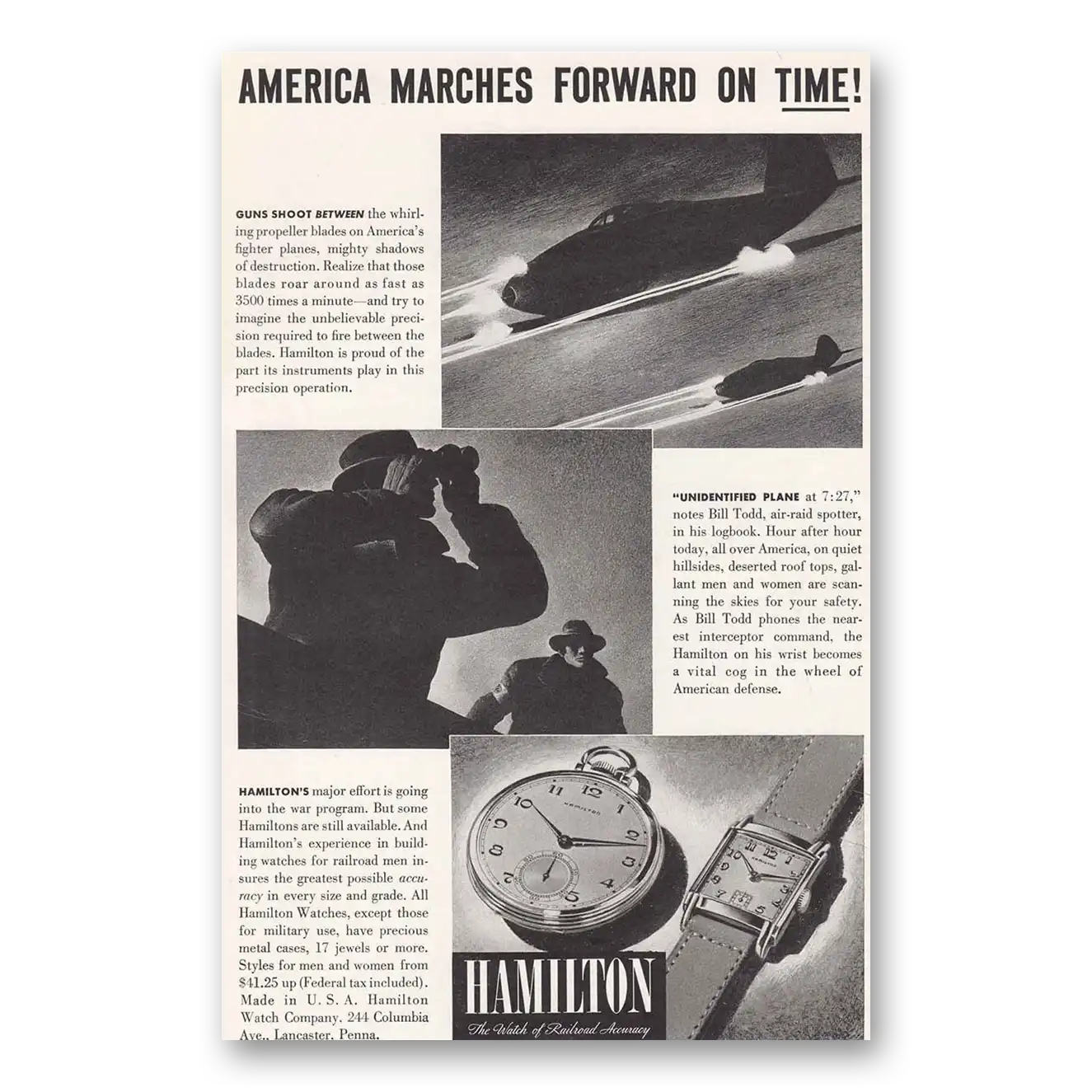 1942 Hamilton Watch America March Forward Vintage Magazine Print Ad