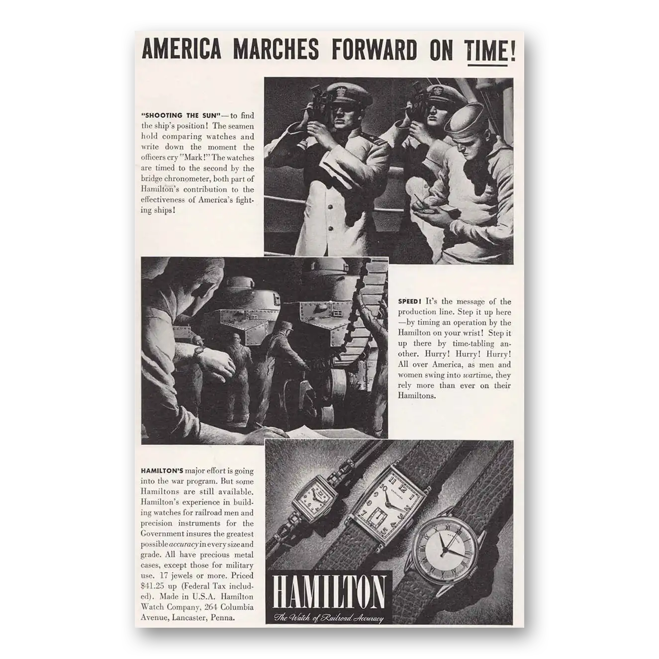 1942 Hamilton Watch America Marches Forward on Time Vintage Magazine Print Ad