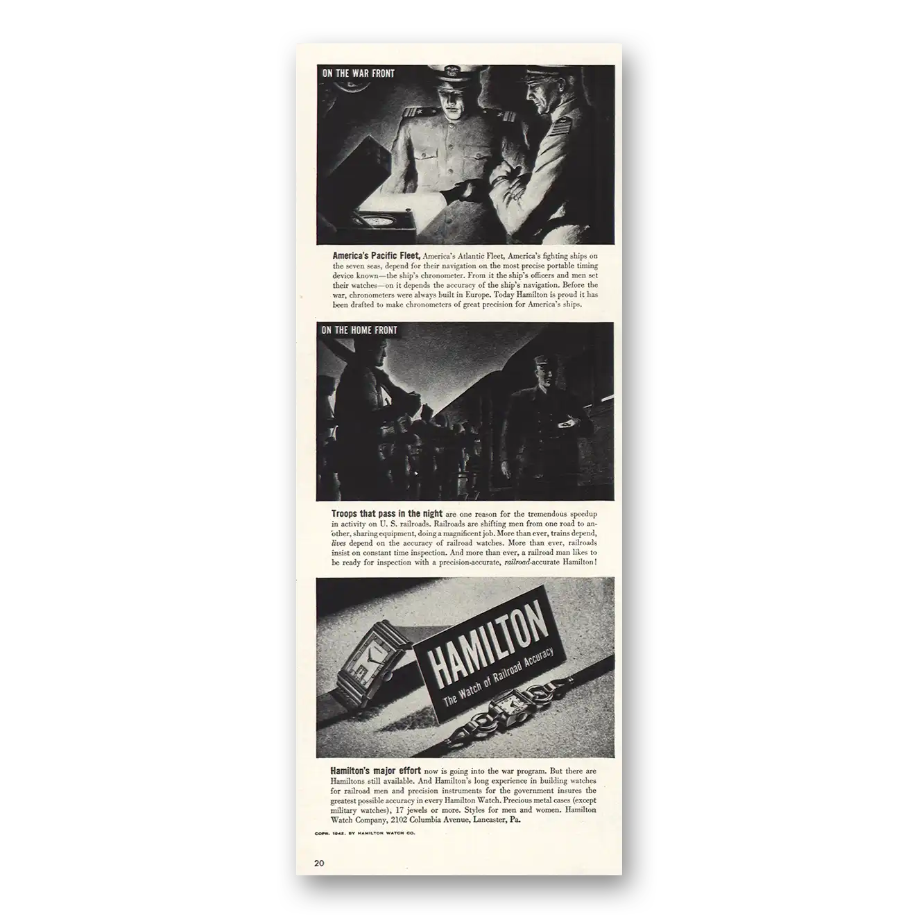 1942 Hamilton Watch On the War Front Vintage Magazine Print Ad
