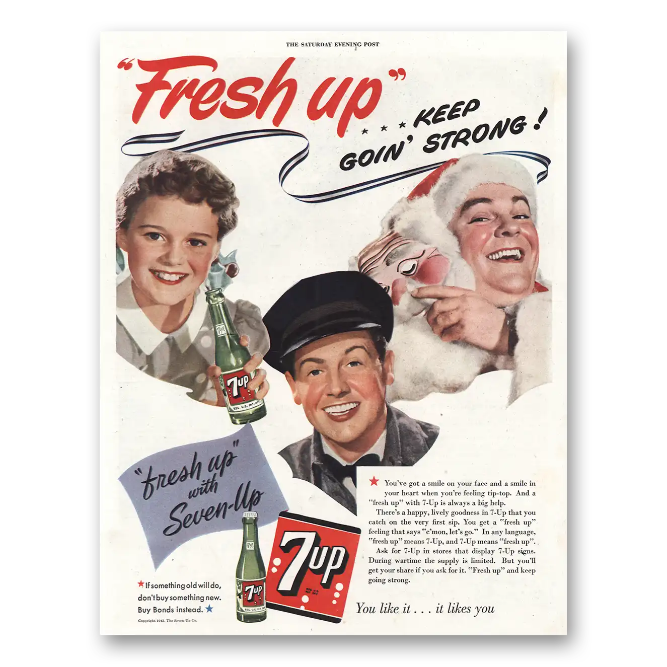 1943 7Up Keep Goin Strong Christmas Vintage Magazine Print Ad