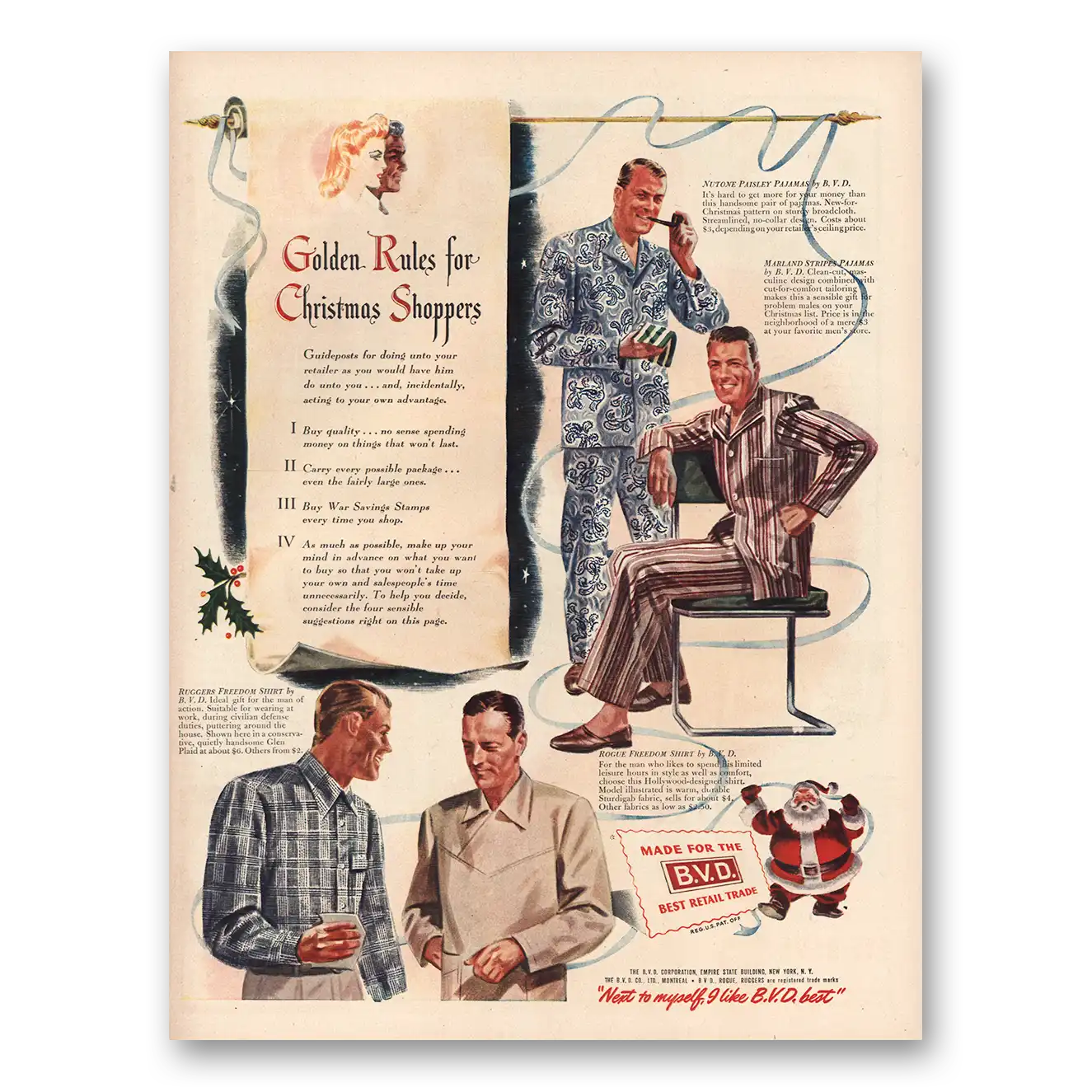 1943 BVD Company Golden Rules for Christmas Shoppers Vintage Magazine Print Ad