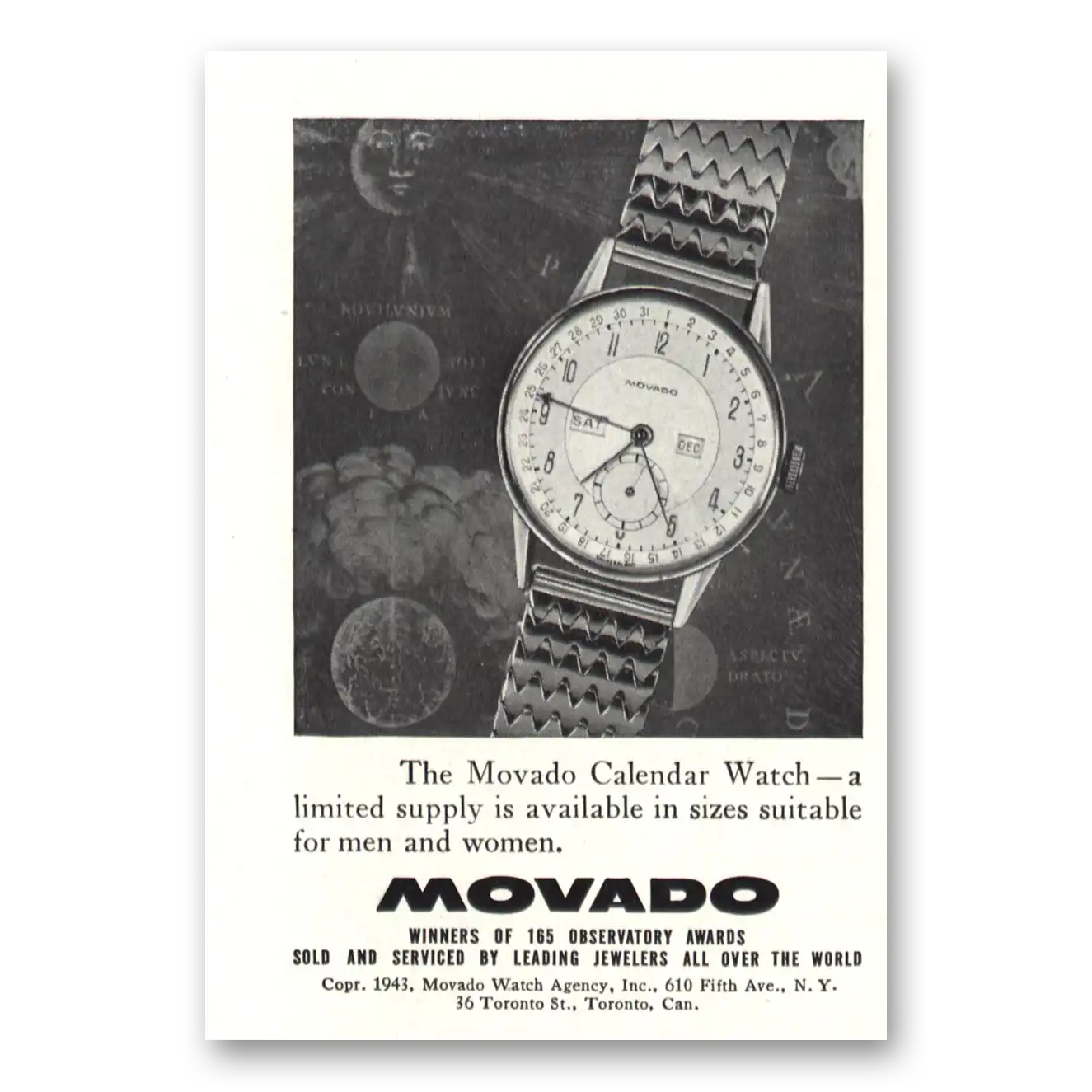 1943 Movado Watch Calendar Watch Men and Women Vintage Magazine Print Ad